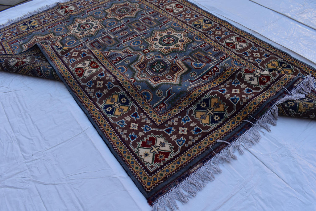 Handmade Kazak Rug – 6.5x4.9 ft – Afghan Wool Tribal Geometric Design – Silver Color– Bohemian Living Room Decor – Eco-Friendly