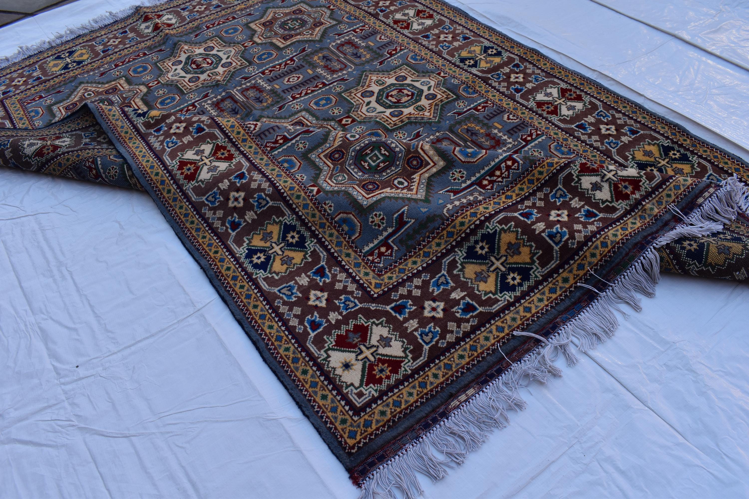 Handmade Kazak Rug – 6.5x4.9 ft – Afghan Wool Tribal Geometric Design – Silver Color– Bohemian Living Room Decor – Eco-Friendly