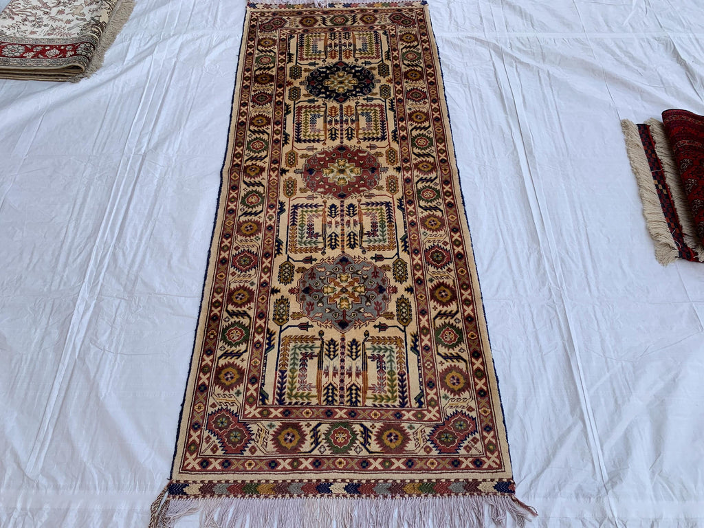 7x3 Handmade Afghan Gandum Naksha Runner Rug Wool Hallway Rug | Boho Tribal Carpet | Oriental Long Runner | Rustic Home Decor 7.1x2.7 ft