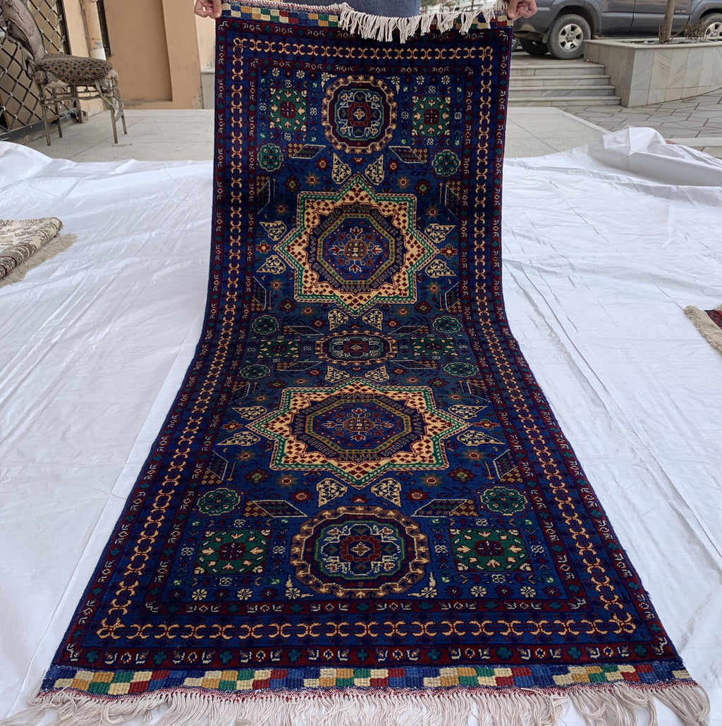 7x3 Handmade Afghan Navy Blue Sitara Naksha Runner | Wool Tribal Hallway Rug | Oriental Runner | Boho Home Decor Carpet 6.7x2.8 ft