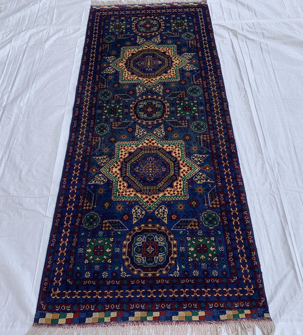 7x3 Handmade Afghan Navy Blue Sitara Naksha Runner | Wool Tribal Hallway Rug | Oriental Runner | Boho Home Decor Carpet 6.7x2.8 ft