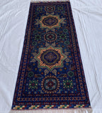 7x3 Handmade Afghan Navy Blue Sitara Naksha Runner | Wool Tribal Hallway Rug | Oriental Runner | Boho Home Decor Carpet 6.7x2.8 ft
