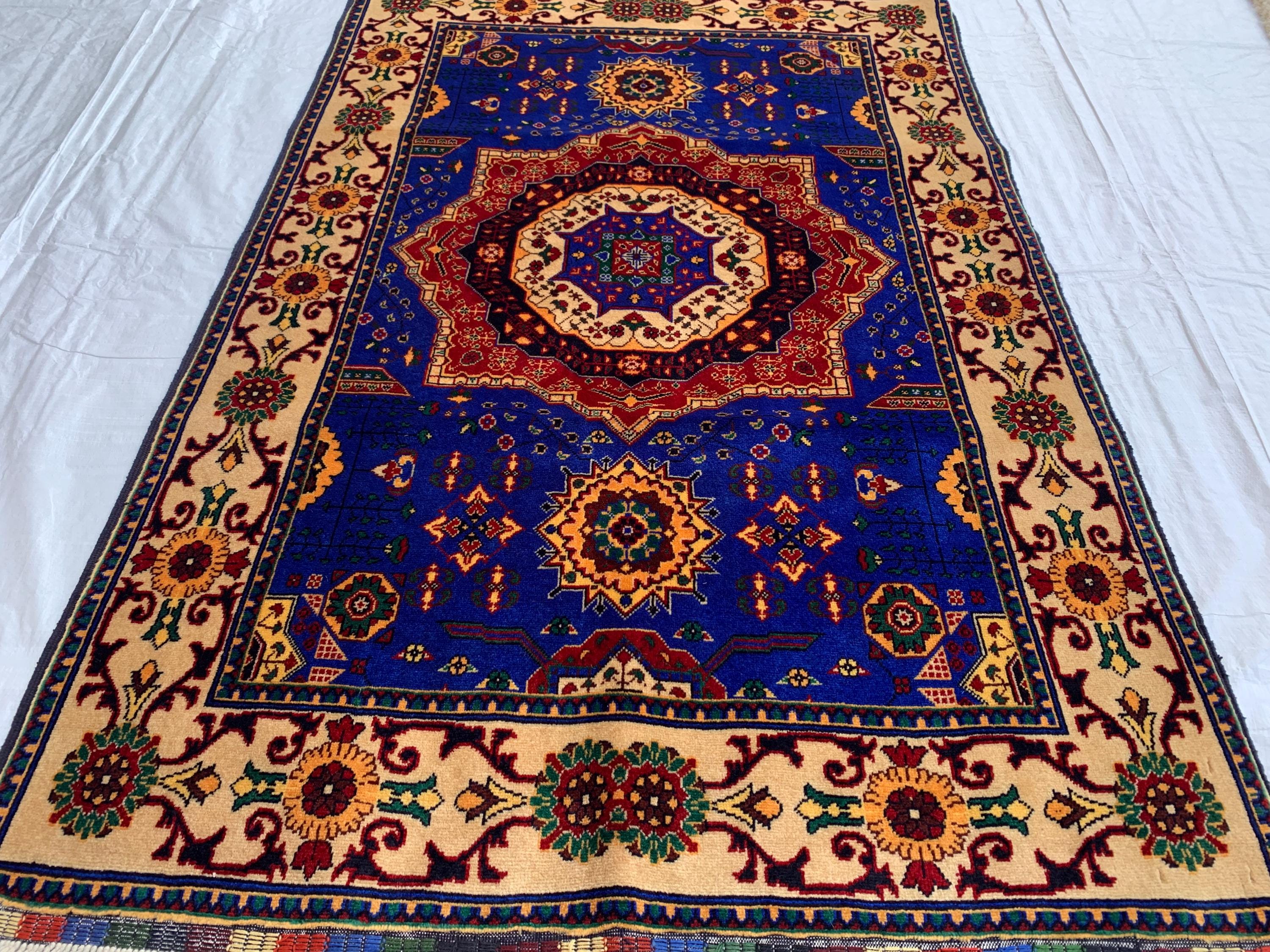 5x3 Handmade Afghan Navy Blue Beljik Sitara Naksha Runner | Wool Tribal Hallway Rug | Oriental Runner | Boho Home Decor Carpet 4.9x3.4 ft