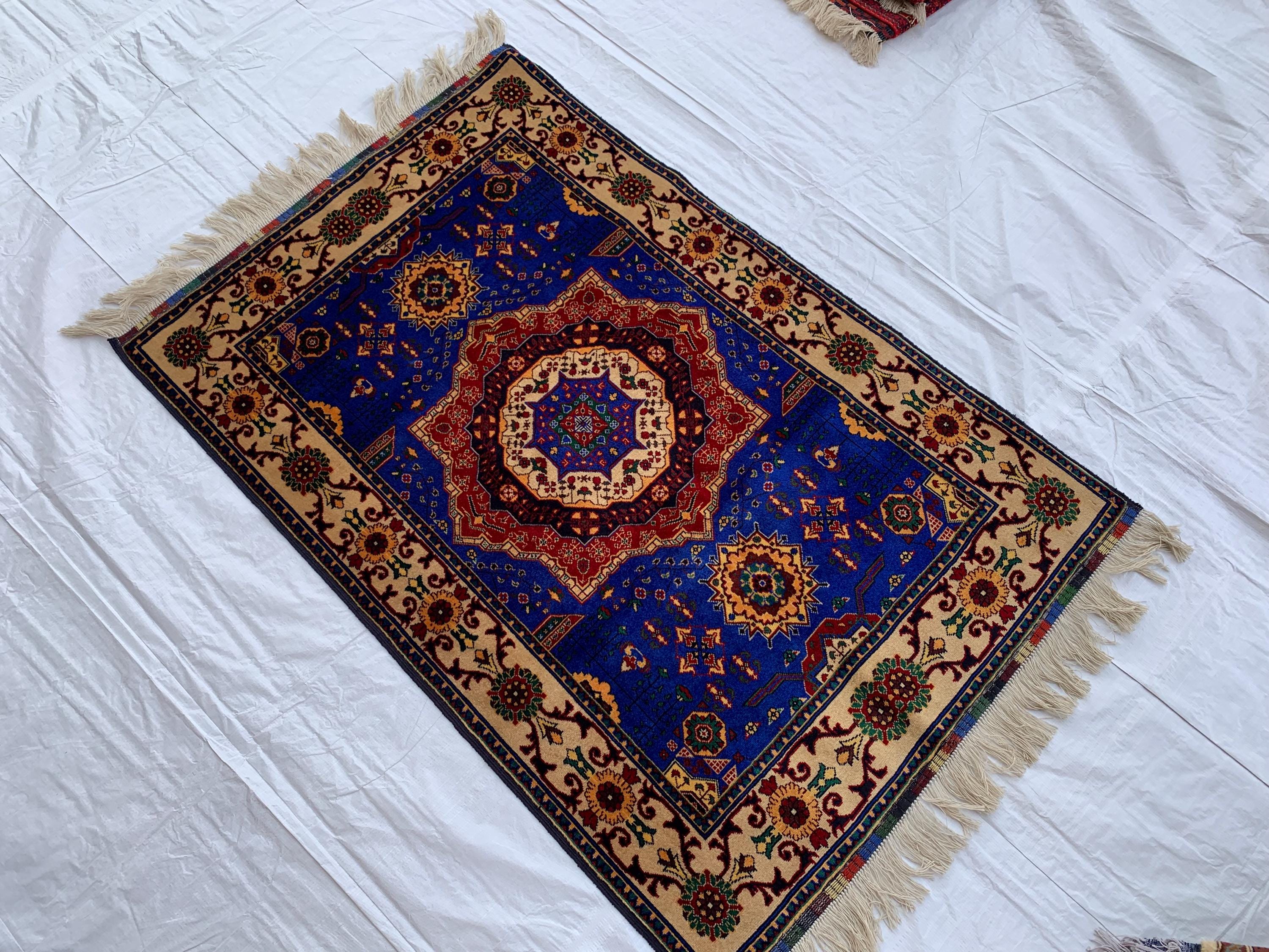 5x3 Handmade Afghan Navy Blue Beljik Sitara Naksha Runner | Wool Tribal Hallway Rug | Oriental Runner | Boho Home Decor Carpet 4.9x3.4 ft