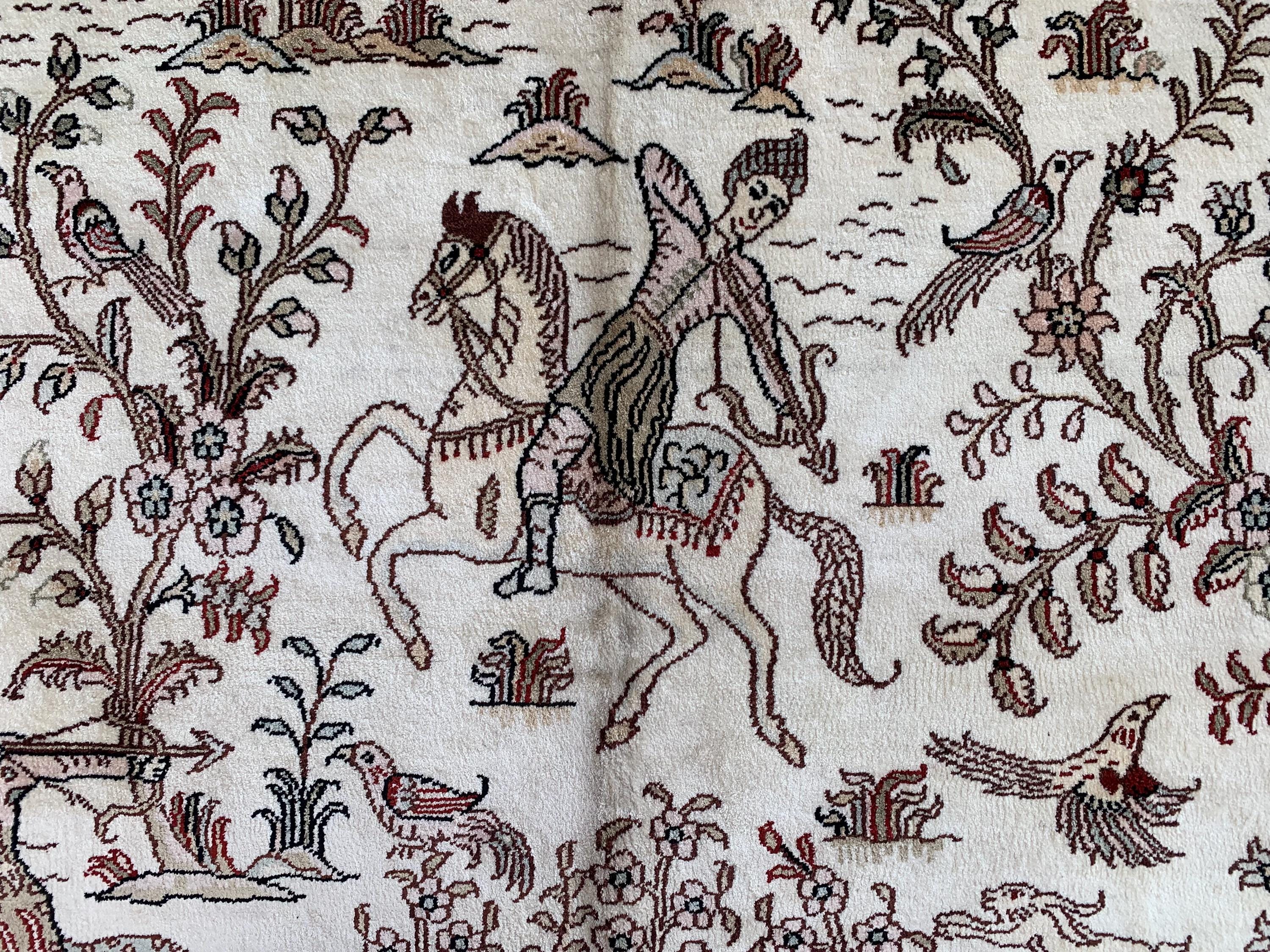 Handmade Silk Shikari Hunter Rug – 6.1x4 ft | Vintage Afghan Tribal Carpet | Handwoven Oriental Rug | Boho Decorative Silk Rug | Home Decor