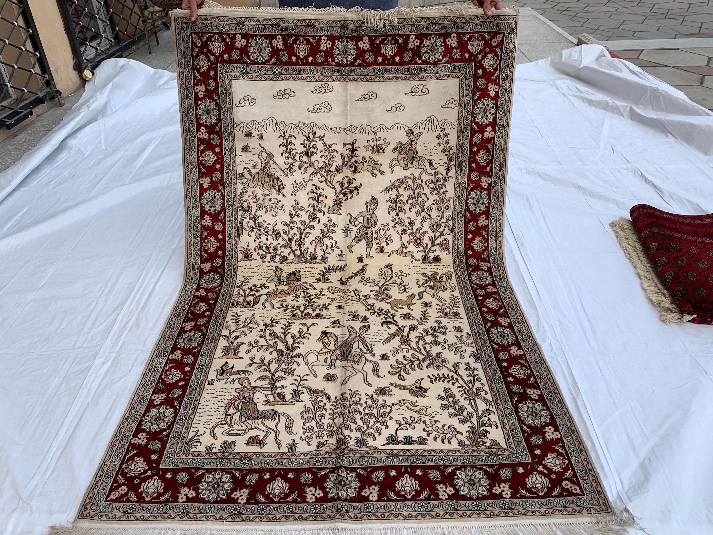 Handmade Silk Shikari Hunter Rug – 6.1x4 ft | Vintage Afghan Tribal Carpet | Handwoven Oriental Rug | Boho Decorative Silk Rug | Home Decor