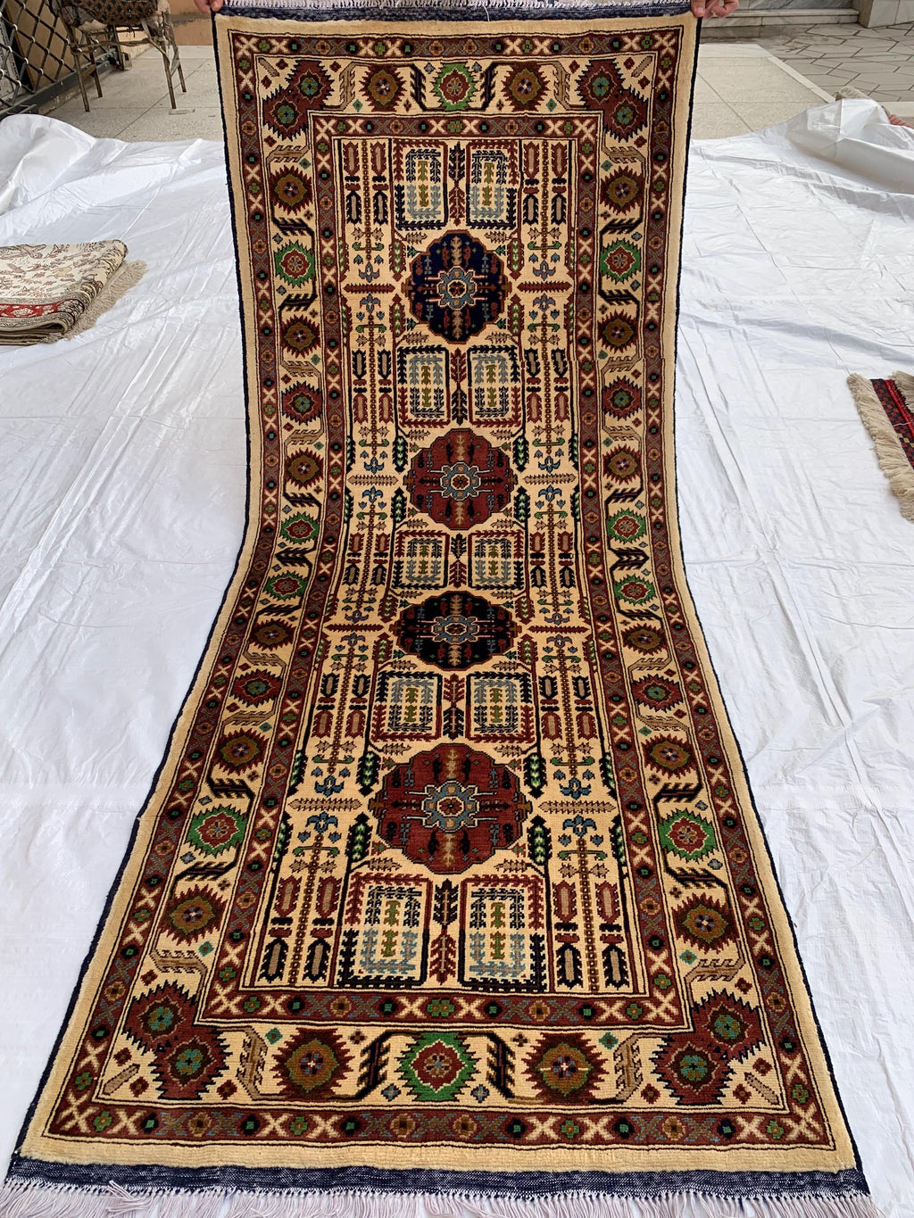 7x3 Handmade Afghan Gandum Naksha Runner Rug | Wool Hallway Rug | Boho Tribal Carpet | Oriental Medium Runner | Rustic Home Decor 6.9x3.2 ft