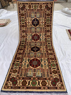 7x3 Handmade Afghan Gandum Naksha Runner Rug | Wool Hallway Rug | Boho Tribal Carpet | Oriental Medium Runner | Rustic Home Decor 6.9x3.2 ft