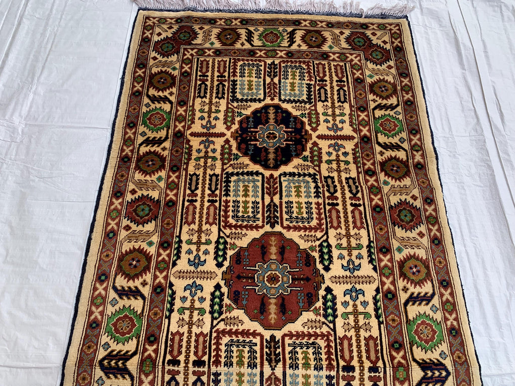 7x3 Handmade Afghan Gandum Naksha Runner Rug | Wool Hallway Rug | Boho Tribal Carpet | Oriental Medium Runner | Rustic Home Decor 6.9x3.2 ft