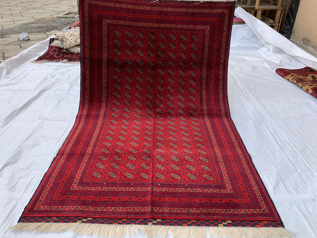 6x4 Handmade Medium Size Red Beljik Khwaja Roshnai Rug | Afghan Tribal Carpet | Red Handwoven Oriental Rug | Boho Decorative Rug, 6.4x4.1 ft