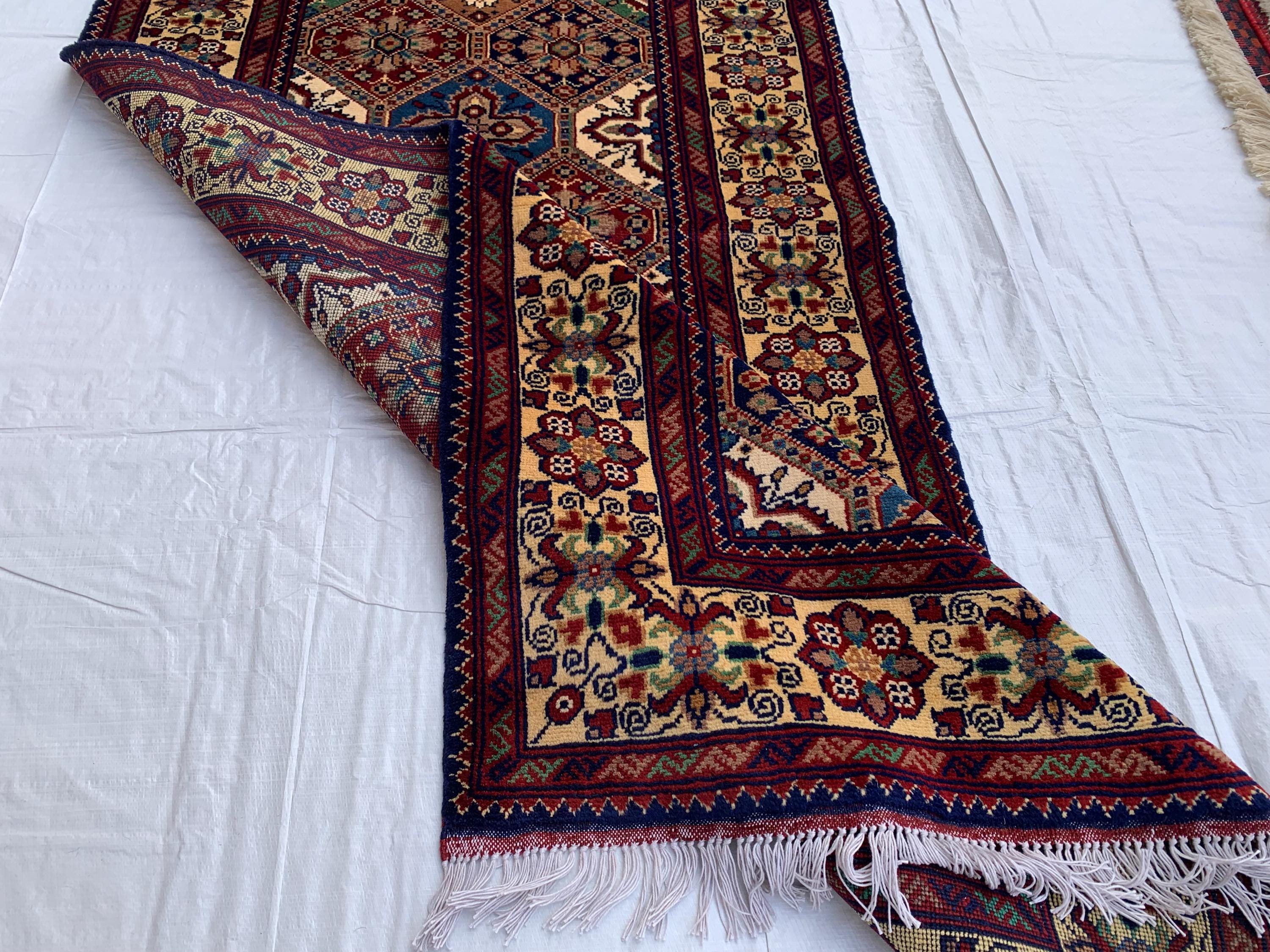 7x3 Handmade Afghan Kashi Runner Rug | Vintage Wool Hallway Rug | Boho Tribal Carpet | Oriental Long Runner | Rustic Home Decor 6.6x3.0 ft