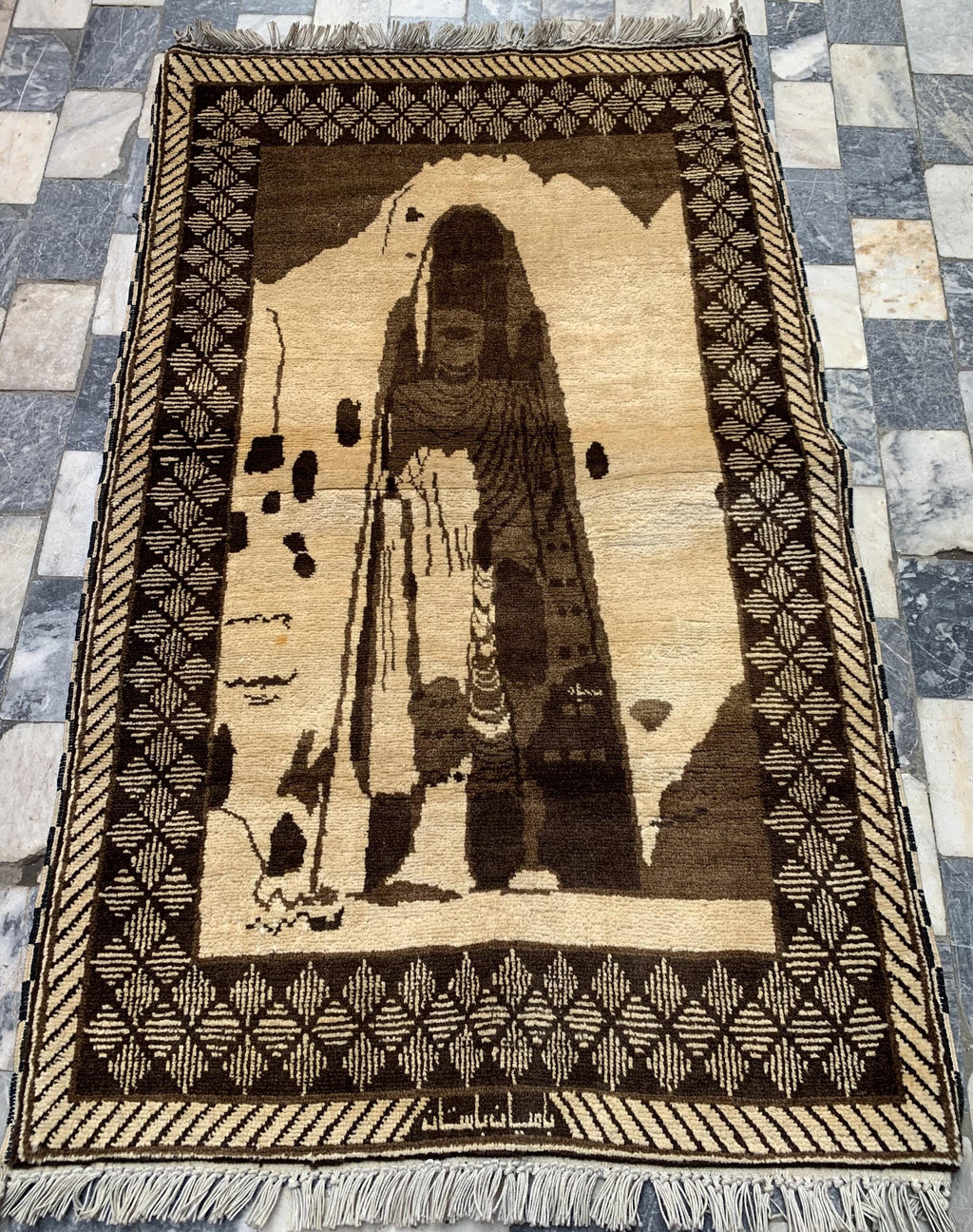 Bamyan Buddha Statue Design 4.3x2.7 ft Handmade Afghan Rug - Unique Vintage Wool Carpet, Wall Hanging Rug, Collectible item