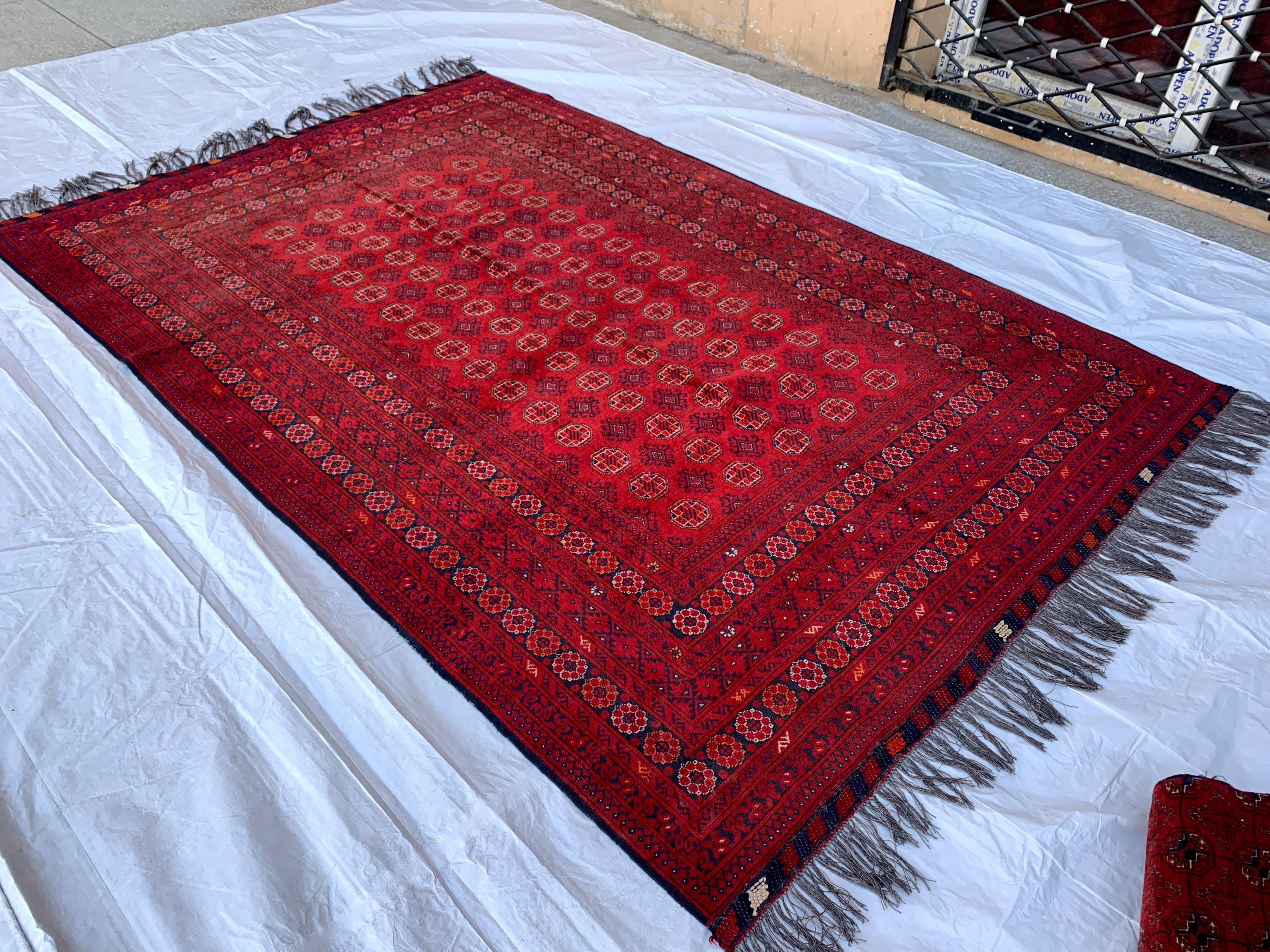 Collectible Rug, 80-Year-Old Tribal Waziri Vintage Rug Handwoven Afghan Carpet 9.6x6.5 ft, Authentic Traditional Design, Red Area Rug, 7x10