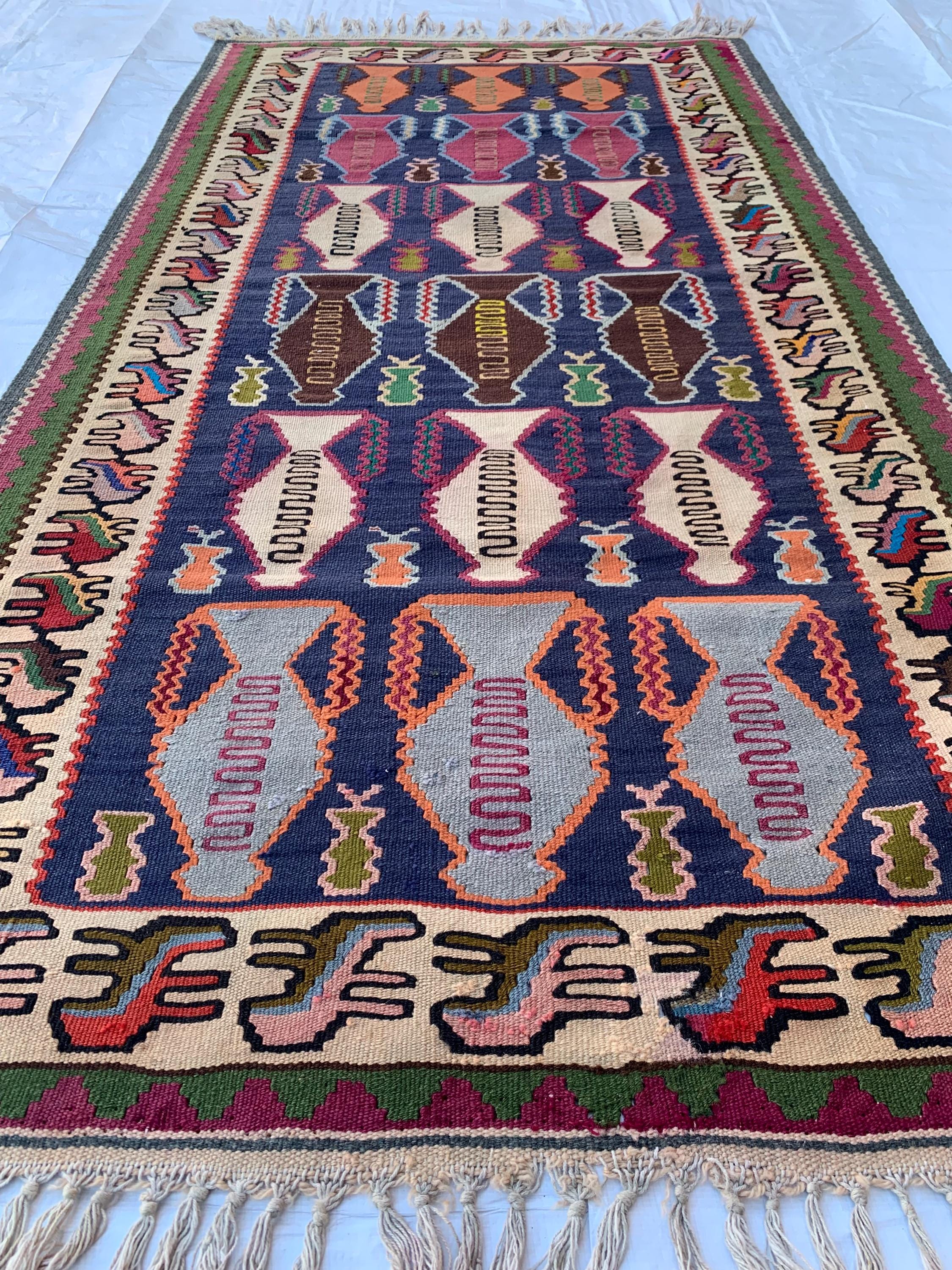 Vintage Flower Pot Kilim 6.1x3.3 ft – Handwoven, Traditional Persian, Boho Chic, Unique Home Décor, Vintage Rug, Farmhouse Rug, Kitchen Rug