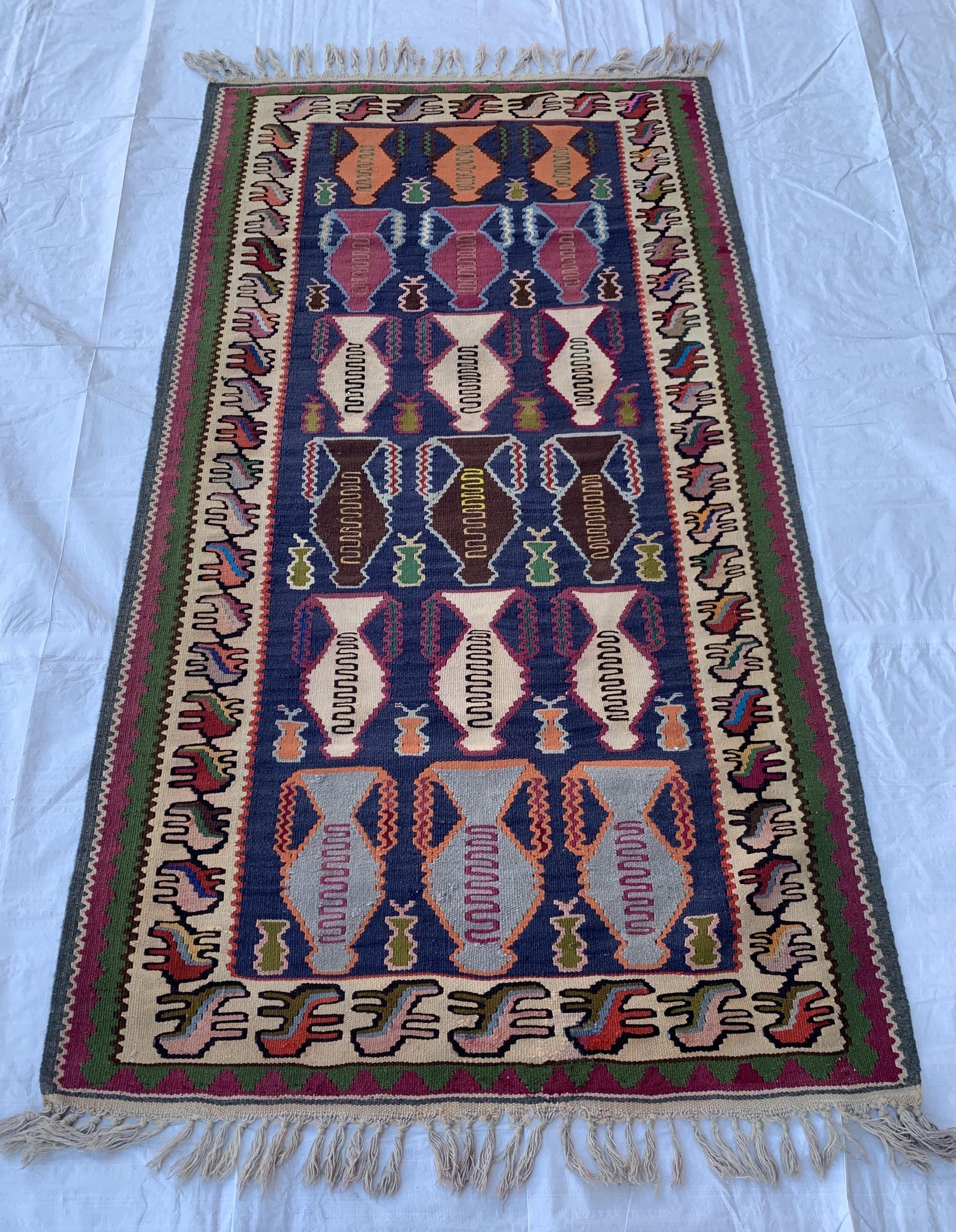 Vintage Flower Pot Kilim 6.1x3.3 ft – Handwoven, Traditional Persian, Boho Chic, Unique Home Décor, Vintage Rug, Farmhouse Rug, Kitchen Rug