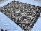 10x7 Handwoven Afghan Vintage Kilim Rug Geometric Tribal Wool Flatweave Carpet in Neutral Tones, Rugs For living Room, Farmhouse Rug 9.5x6.7