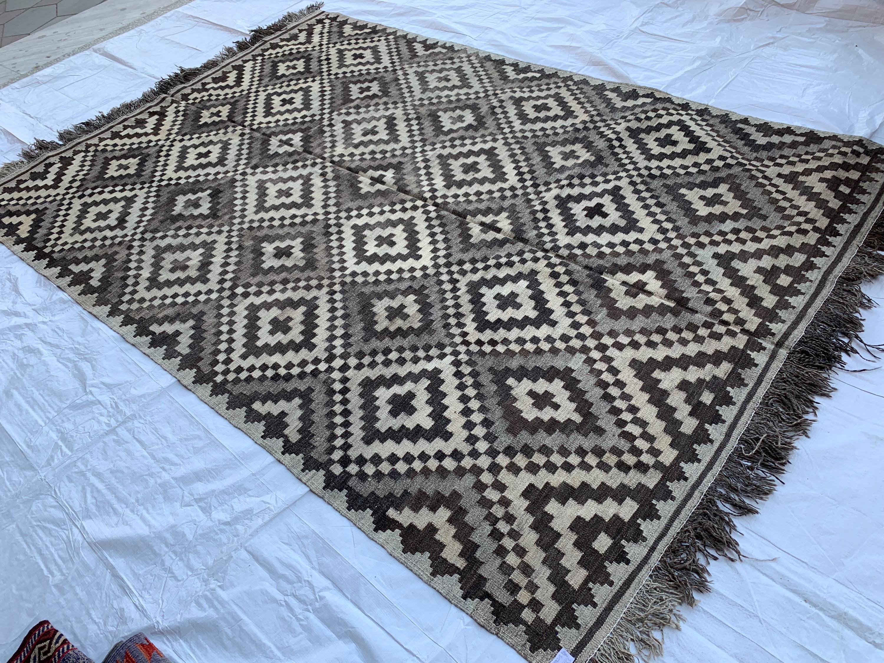 10x7 Handwoven Afghan Vintage Kilim Rug Geometric Tribal Wool Flatweave Carpet in Neutral Tones, Rugs For living Room, Farmhouse Rug 9.5x6.7