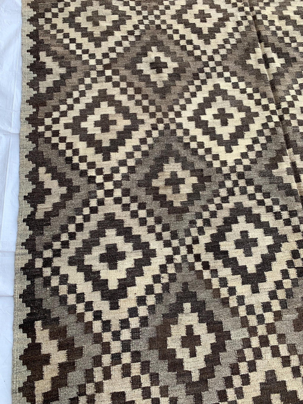 10x7 Handwoven Afghan Vintage Kilim Rug Geometric Tribal Wool Flatweave Carpet in Neutral Tones, Rugs For living Room, Farmhouse Rug 9.5x6.7