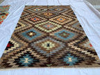 10x7 Handwoven Afghan Brown and Blue Kilim Rug -12 Geometric Wool Flatweave Carpet, Perfect for Living Room or Bedroom Decor 9.8x6.6