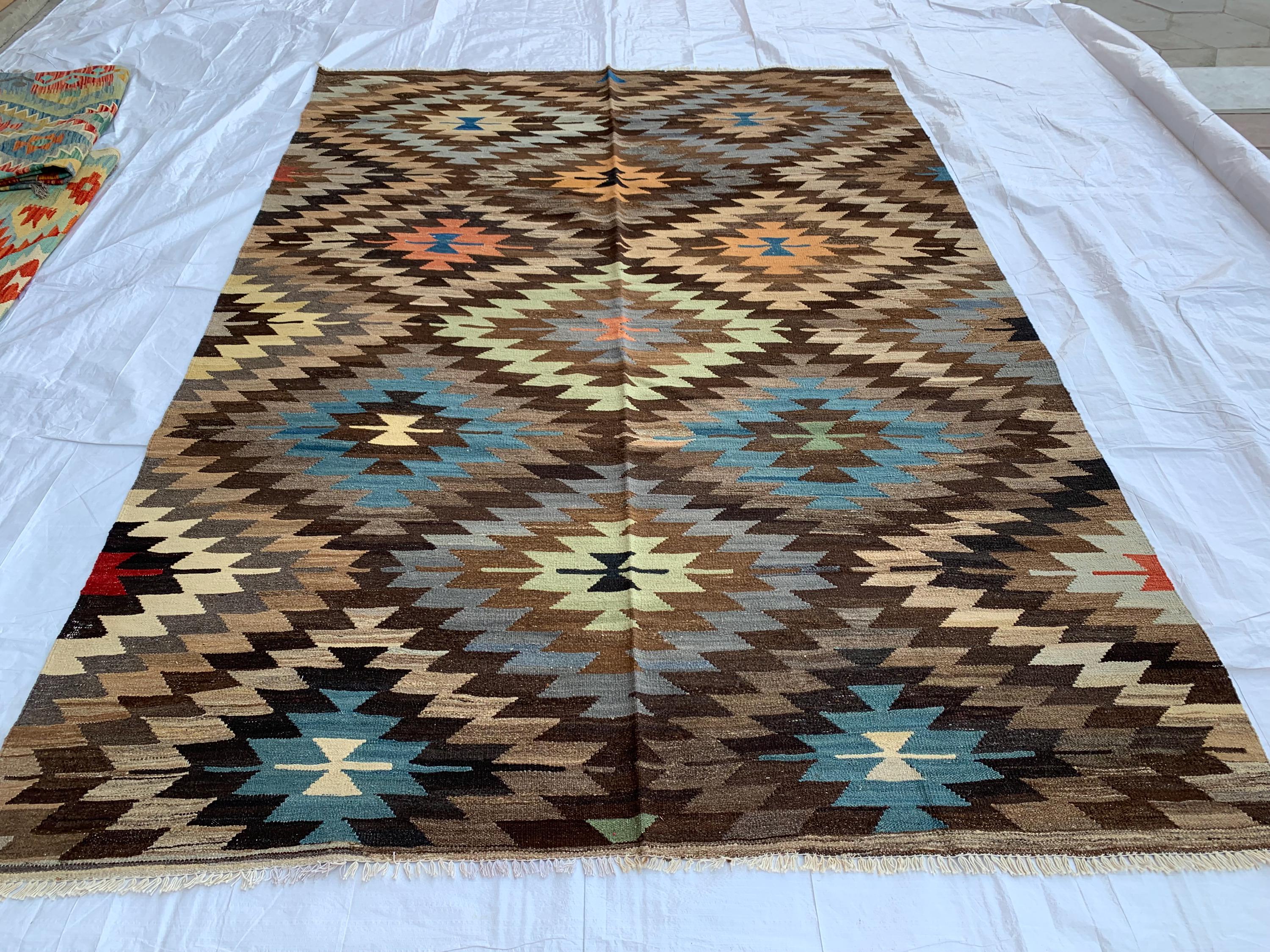 10x7 Handwoven Afghan Brown and Blue Kilim Rug -12 Geometric Wool Flatweave Carpet, Perfect for Living Room or Bedroom Decor 9.8x6.6