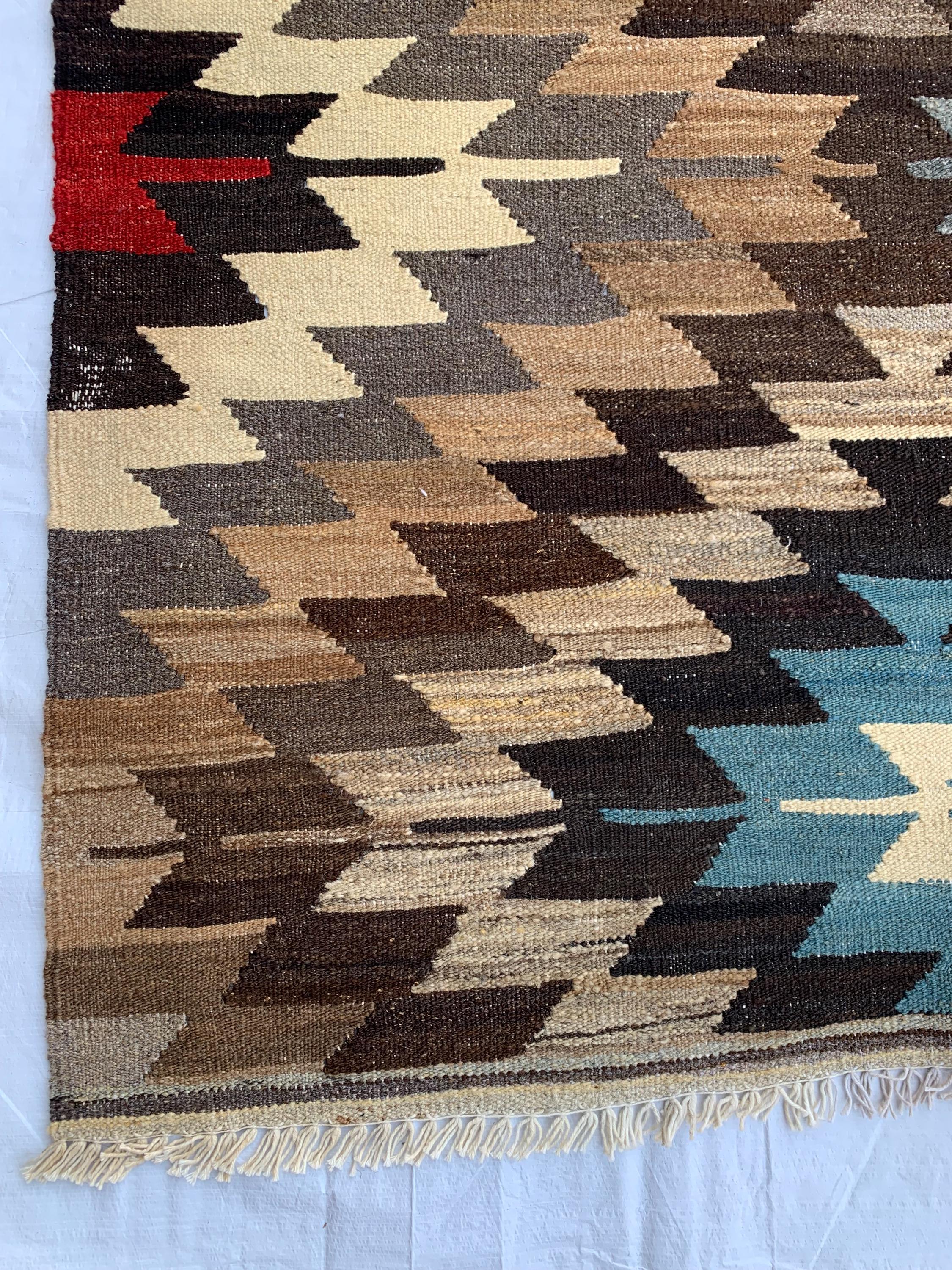 10x7 Handwoven Afghan Brown and Blue Kilim Rug -12 Geometric Wool Flatweave Carpet, Perfect for Living Room or Bedroom Decor 9.8x6.6