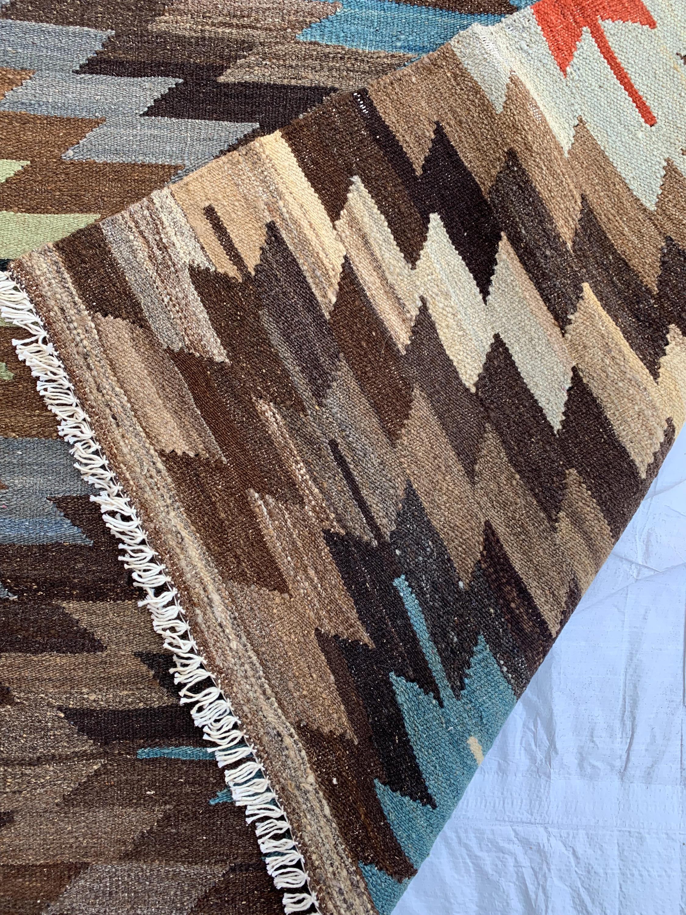 10x7 Handwoven Afghan Brown and Blue Kilim Rug -12 Geometric Wool Flatweave Carpet, Perfect for Living Room or Bedroom Decor 9.8x6.6