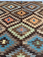 10x7 Handwoven Afghan Brown and Blue Kilim Rug -12 Geometric Wool Flatweave Carpet, Perfect for Living Room or Bedroom Decor 9.8x6.6