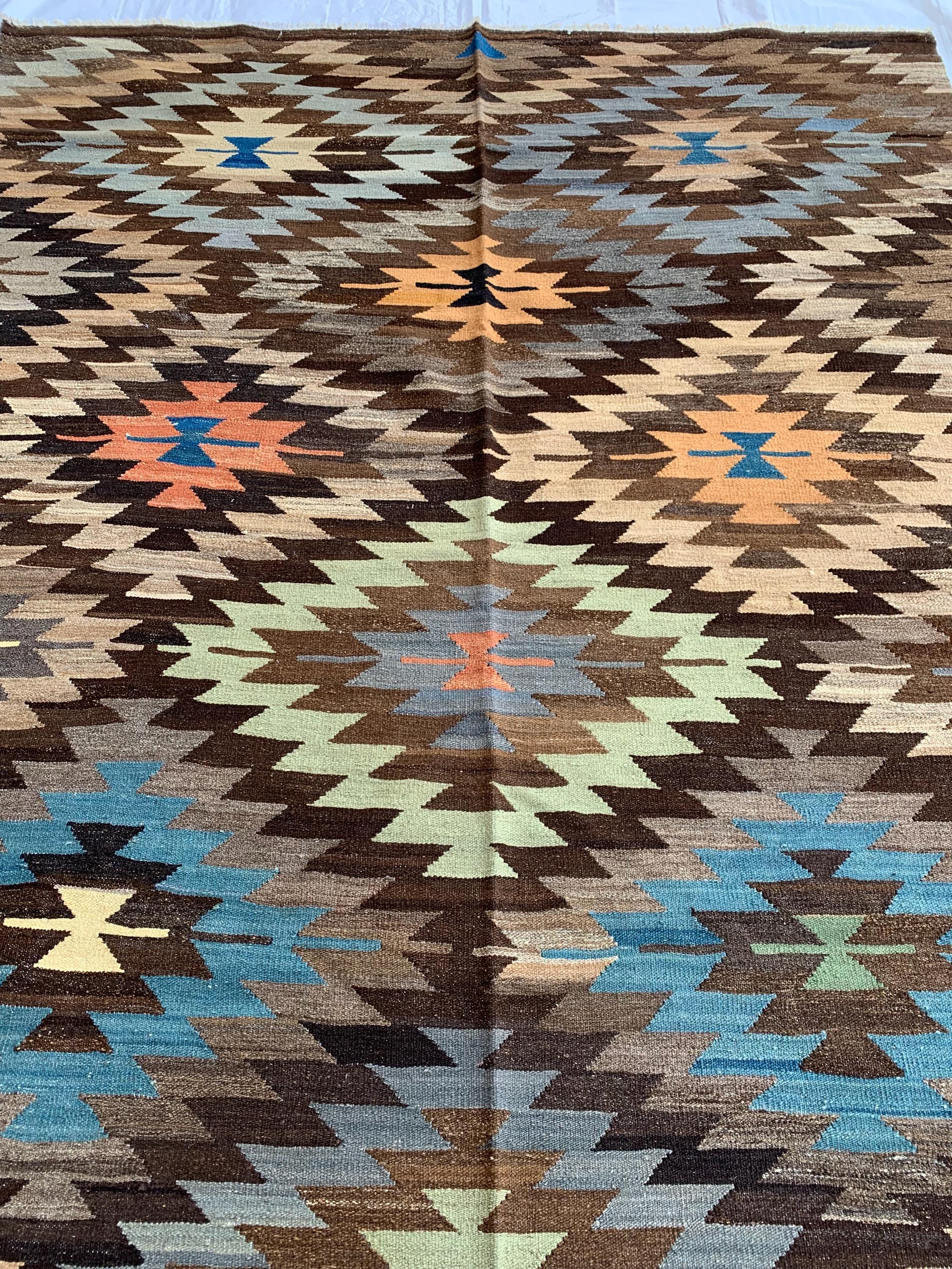 10x7 Handwoven Afghan Brown and Blue Kilim Rug -12 Geometric Wool Flatweave Carpet, Perfect for Living Room or Bedroom Decor 9.8x6.6