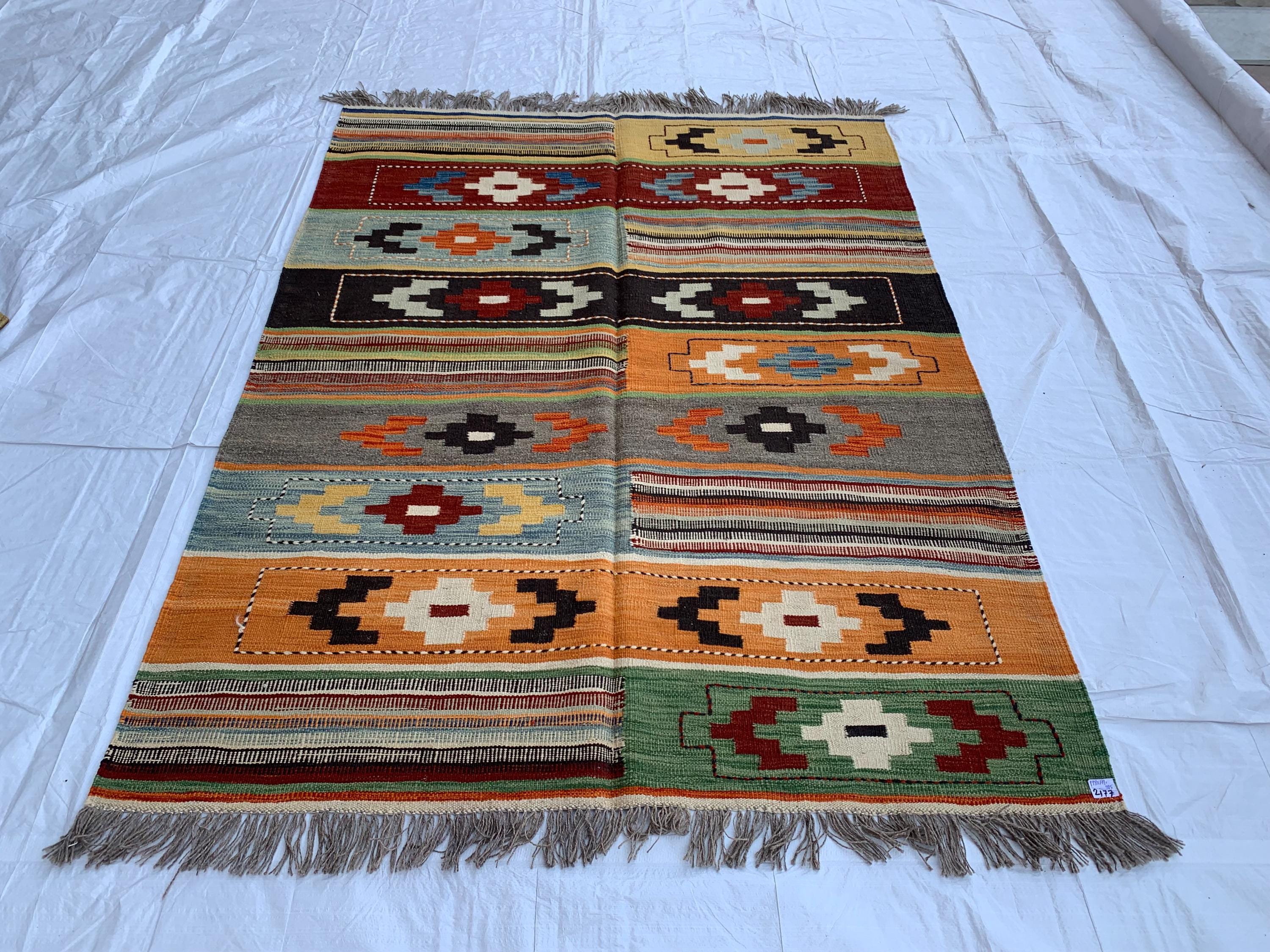 7x5 Handwoven Afghan Vibrant Color Kilim Rug - Geometric Wool Flatweave Carpet, Perfect for Living Room or Bedroom Decor 4.10x6.6 ft