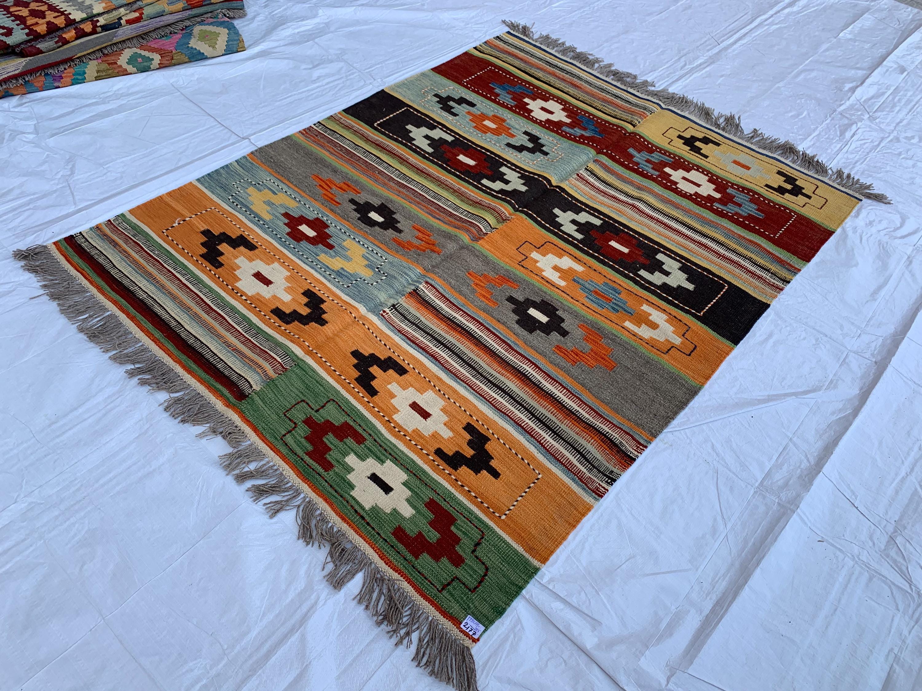 7x5 Handwoven Afghan Vibrant Color Kilim Rug - Geometric Wool Flatweave Carpet, Perfect for Living Room or Bedroom Decor 4.10x6.6 ft