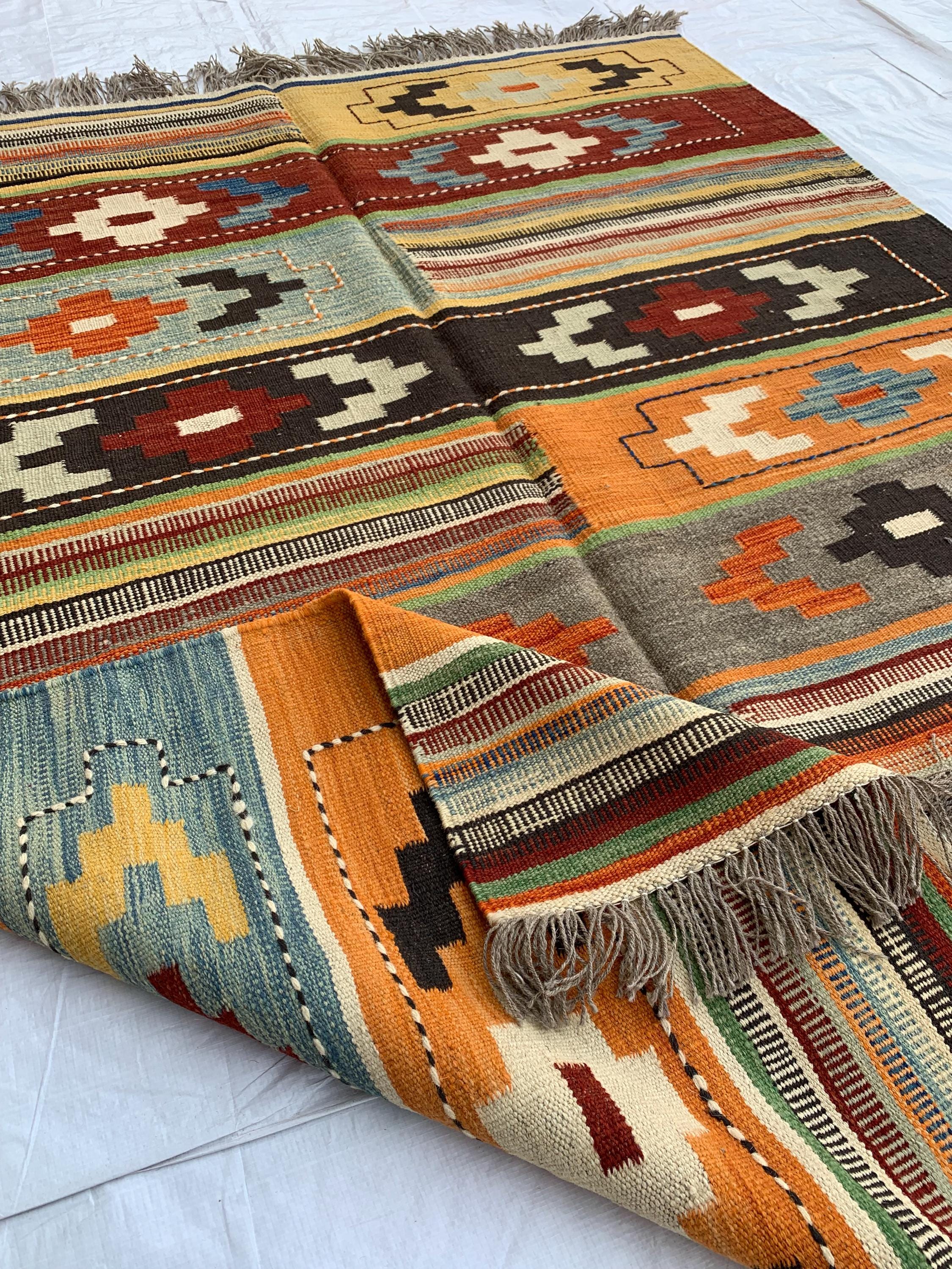 7x5 Handwoven Afghan Vibrant Color Kilim Rug - Geometric Wool Flatweave Carpet, Perfect for Living Room or Bedroom Decor 4.10x6.6 ft
