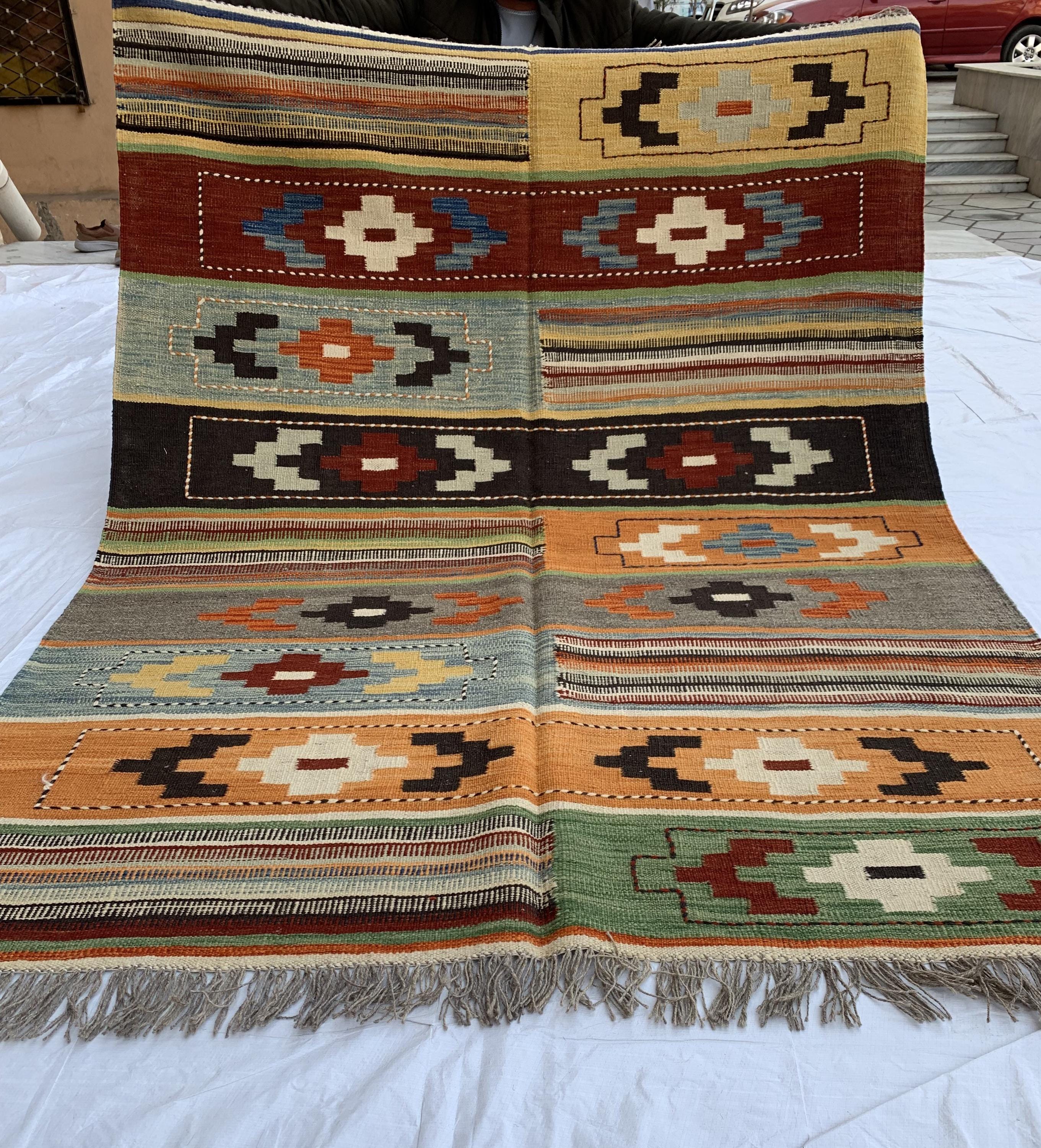 7x5 Handwoven Afghan Vibrant Color Kilim Rug - Geometric Wool Flatweave Carpet, Perfect for Living Room or Bedroom Decor 4.10x6.6 ft