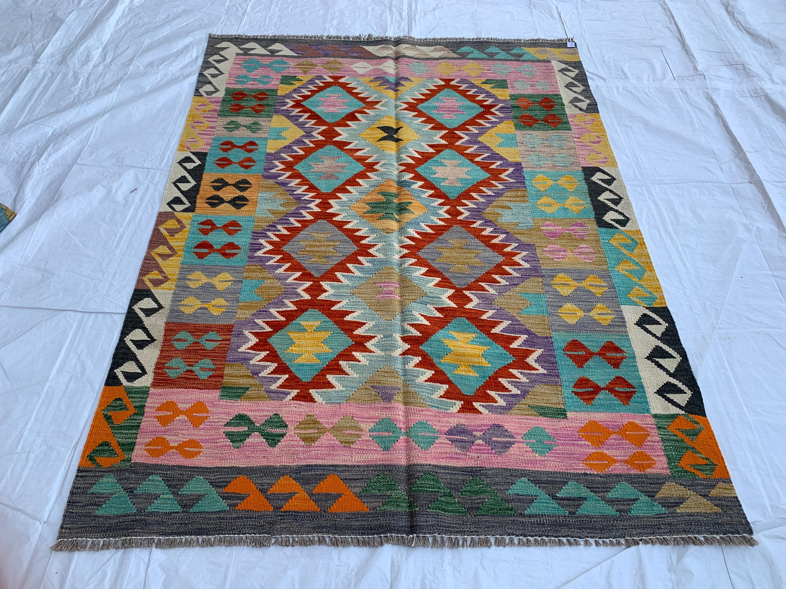 7x5 Handwoven Afghan Vibrant Colors Chobi Kilim Rug - Geometric Wool Flatweave Carpet, Perfect for Living Room or Bedroom Decor 6.5x4.10 ft