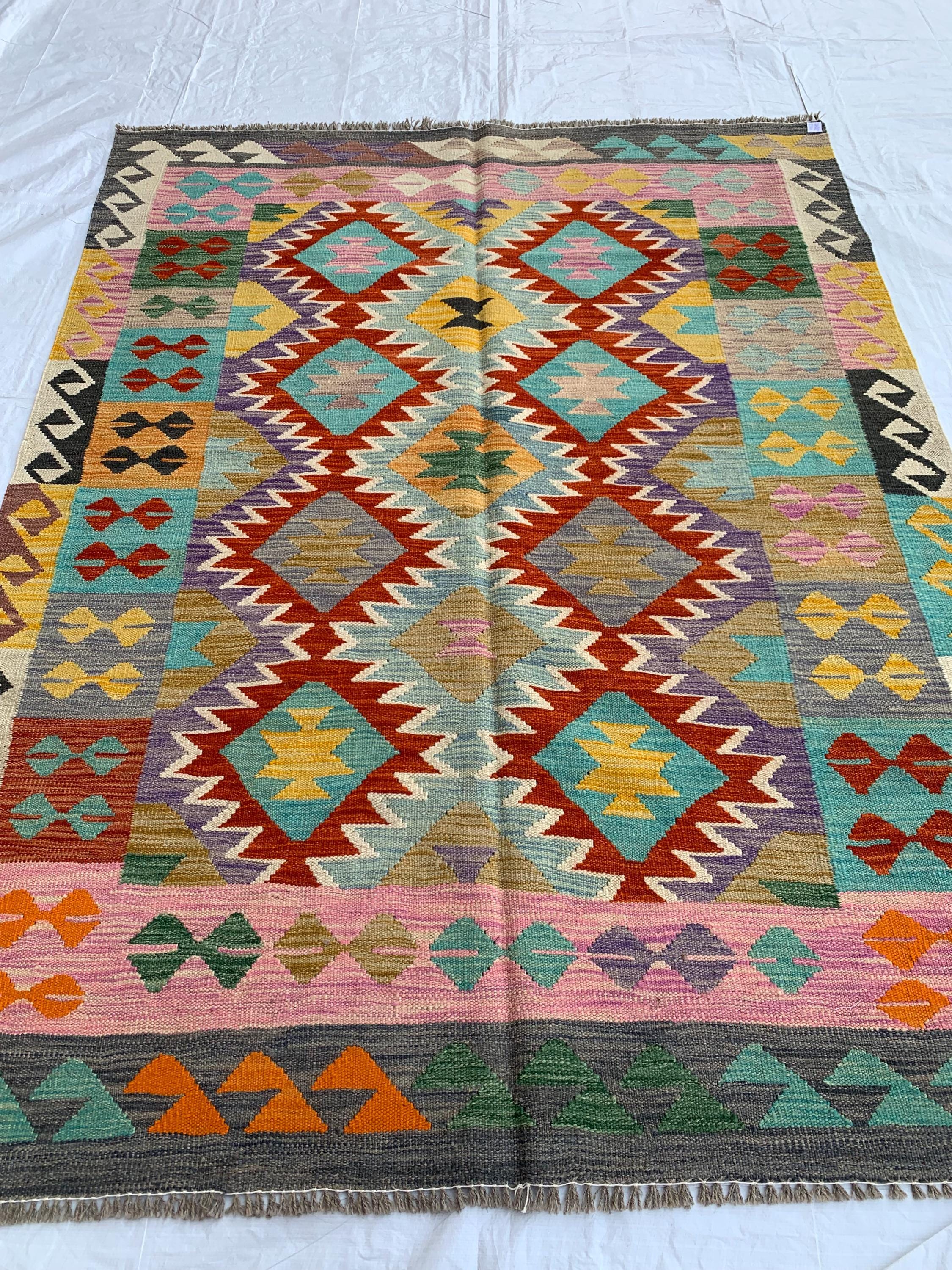 7x5 Handwoven Afghan Vibrant Colors Chobi Kilim Rug - Geometric Wool Flatweave Carpet, Perfect for Living Room or Bedroom Decor 6.5x4.10 ft