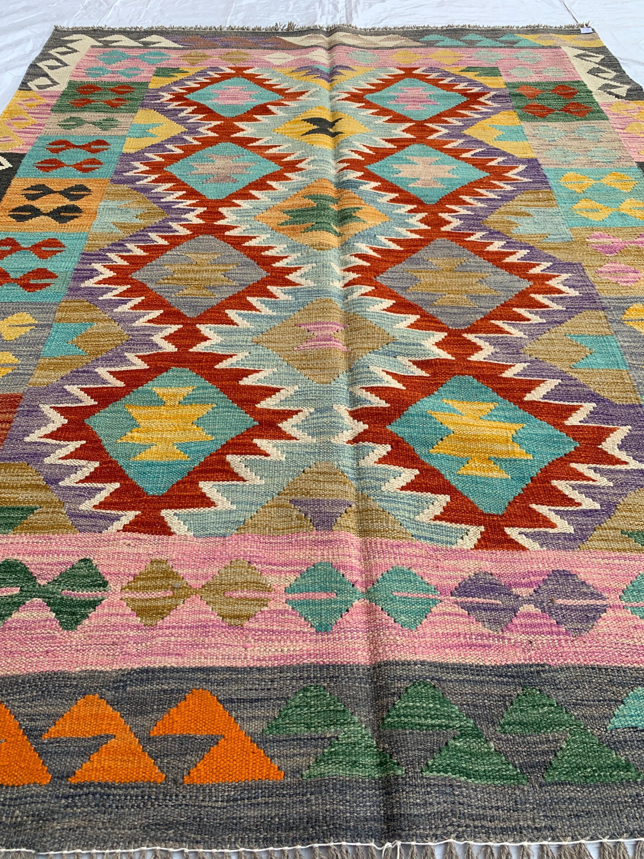 7x5 Handwoven Afghan Vibrant Colors Chobi Kilim Rug - Geometric Wool Flatweave Carpet, Perfect for Living Room or Bedroom Decor 6.5x4.10 ft