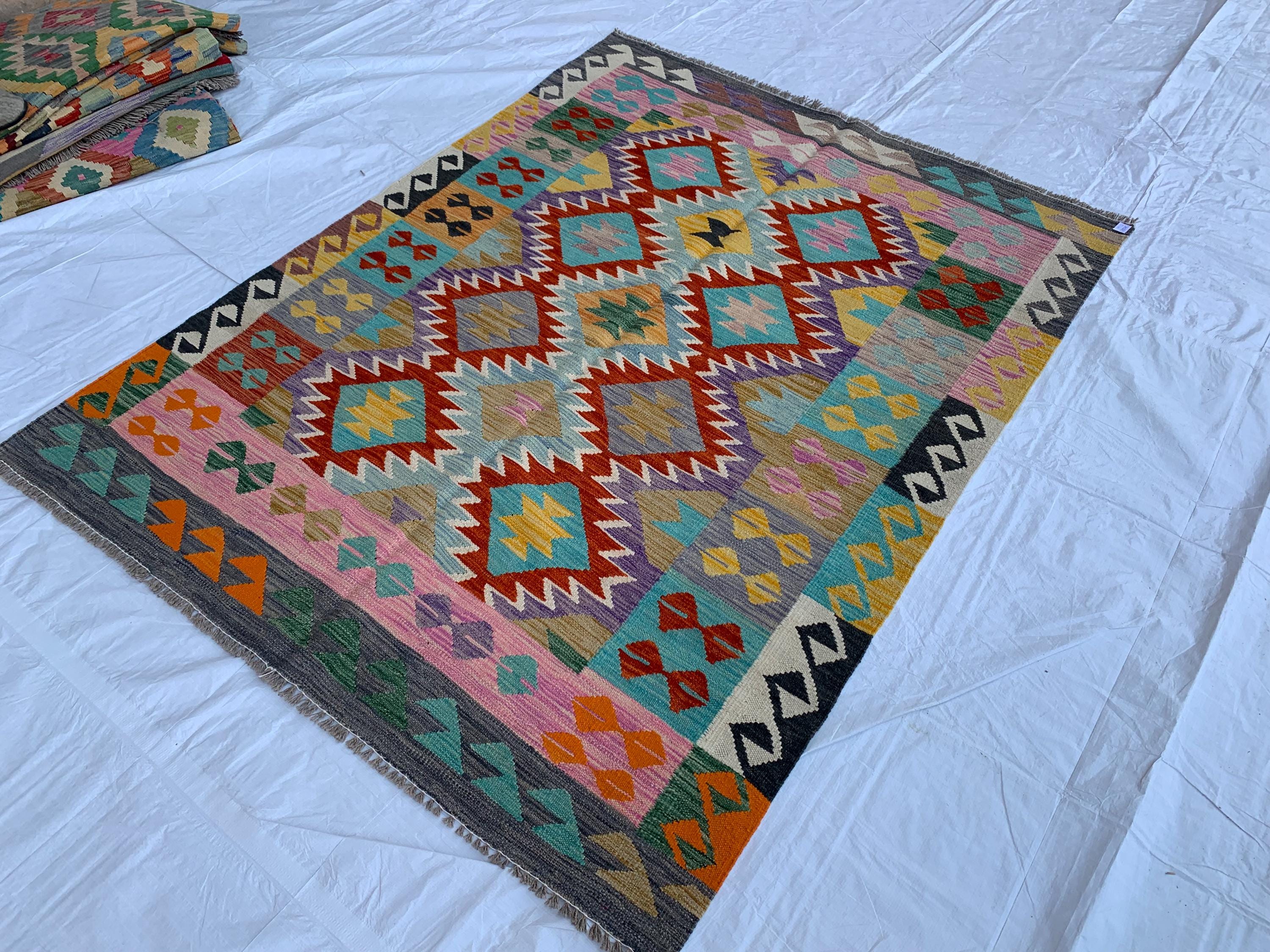 7x5 Handwoven Afghan Vibrant Colors Chobi Kilim Rug - Geometric Wool Flatweave Carpet, Perfect for Living Room or Bedroom Decor 6.5x4.10 ft