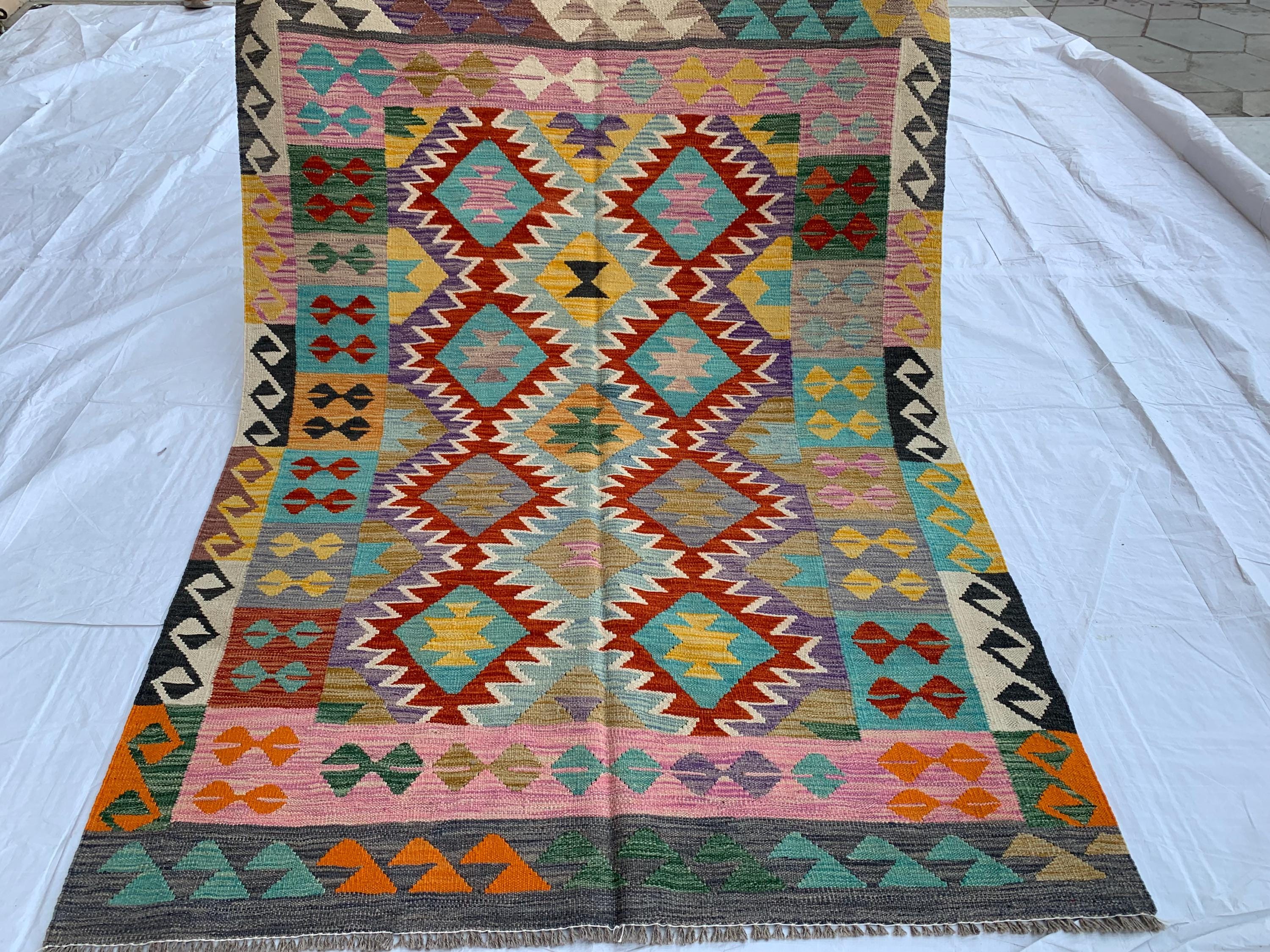 7x5 Handwoven Afghan Vibrant Colors Chobi Kilim Rug - Geometric Wool Flatweave Carpet, Perfect for Living Room or Bedroom Decor 6.5x4.10 ft
