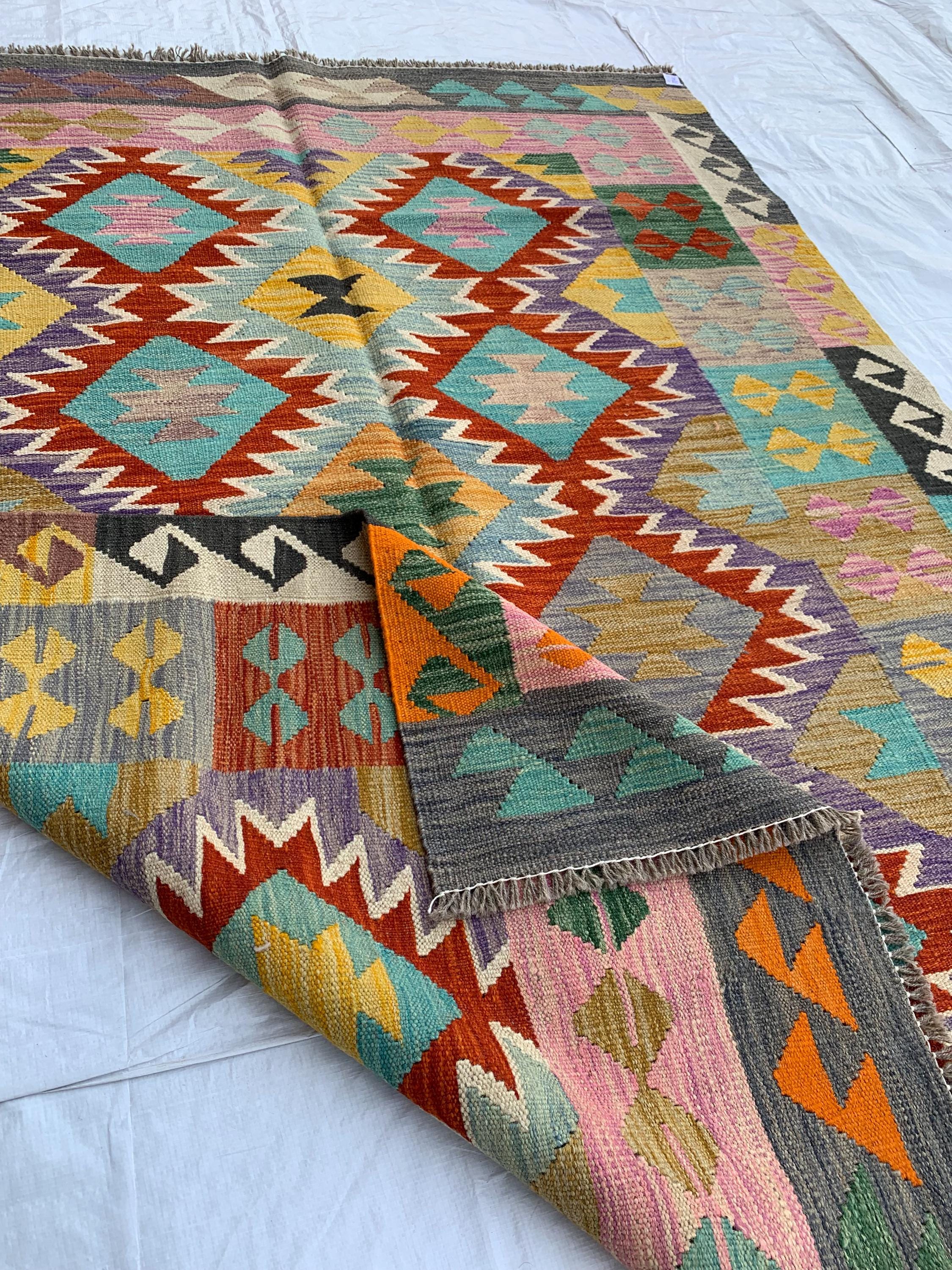7x5 Handwoven Afghan Vibrant Colors Chobi Kilim Rug - Geometric Wool Flatweave Carpet, Perfect for Living Room or Bedroom Decor 6.5x4.10 ft