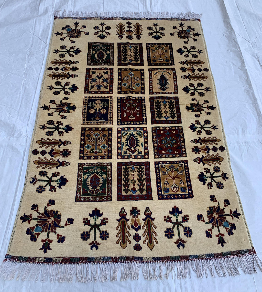 5x3 Handmade Persian Ayni Rug - Wool Area Rug with Floral Mirror Design, Perfect for Living Room, Bedroom, or Entryway Decor 5.2x3.5 ft