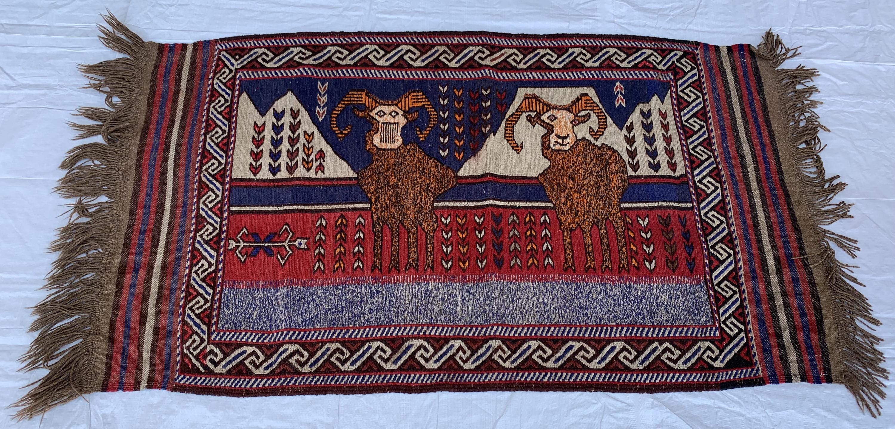Handwoven Afghan Tribal Rug - 4.10x2.10 ft - Unique Wool Art Piece with Mountain Goat Design, Ideal for Wall Hanging or Small Area Decor