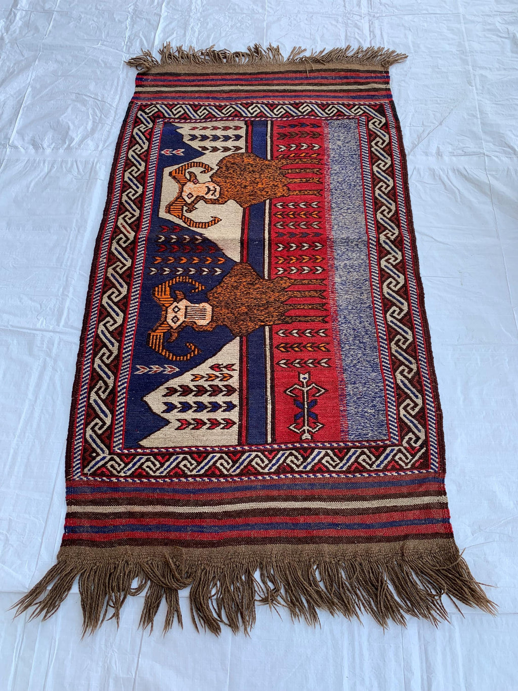 Handwoven Afghan Tribal Rug - 4.10x2.10 ft - Unique Wool Art Piece with Mountain Goat Design, Ideal for Wall Hanging or Small Area Decor