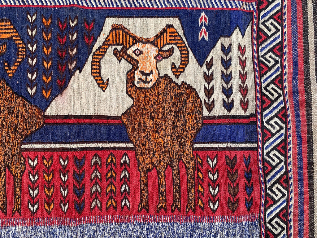 Handwoven Afghan Tribal Rug - 4.10x2.10 ft - Unique Wool Art Piece with Mountain Goat Design, Ideal for Wall Hanging or Small Area Decor
