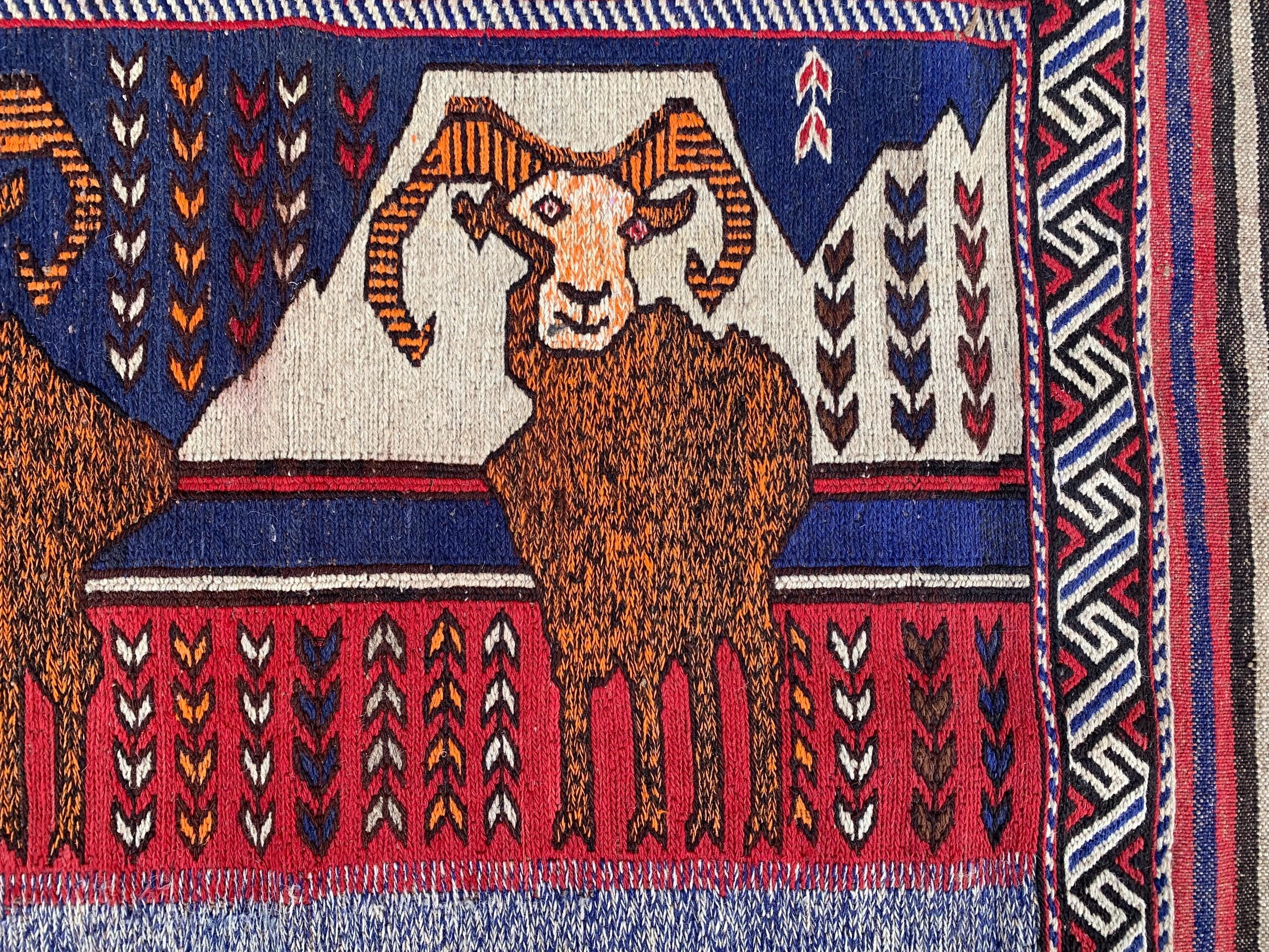 Handwoven Afghan Tribal Rug - 4.10x2.10 ft - Unique Wool Art Piece with Mountain Goat Design, Ideal for Wall Hanging or Small Area Decor