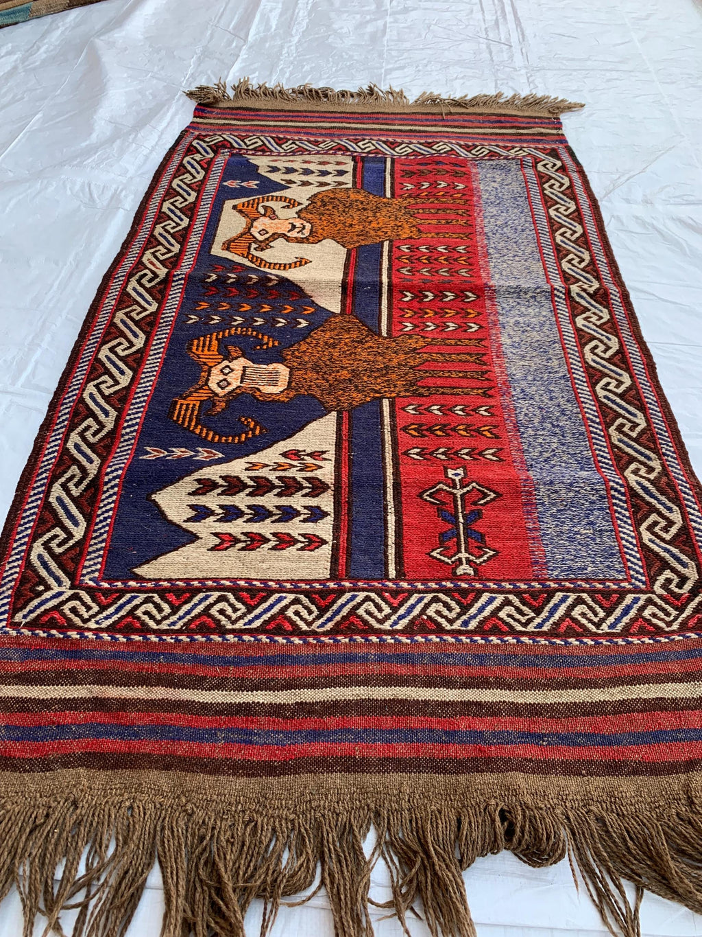 Handwoven Afghan Tribal Rug - 4.10x2.10 ft - Unique Wool Art Piece with Mountain Goat Design, Ideal for Wall Hanging or Small Area Decor