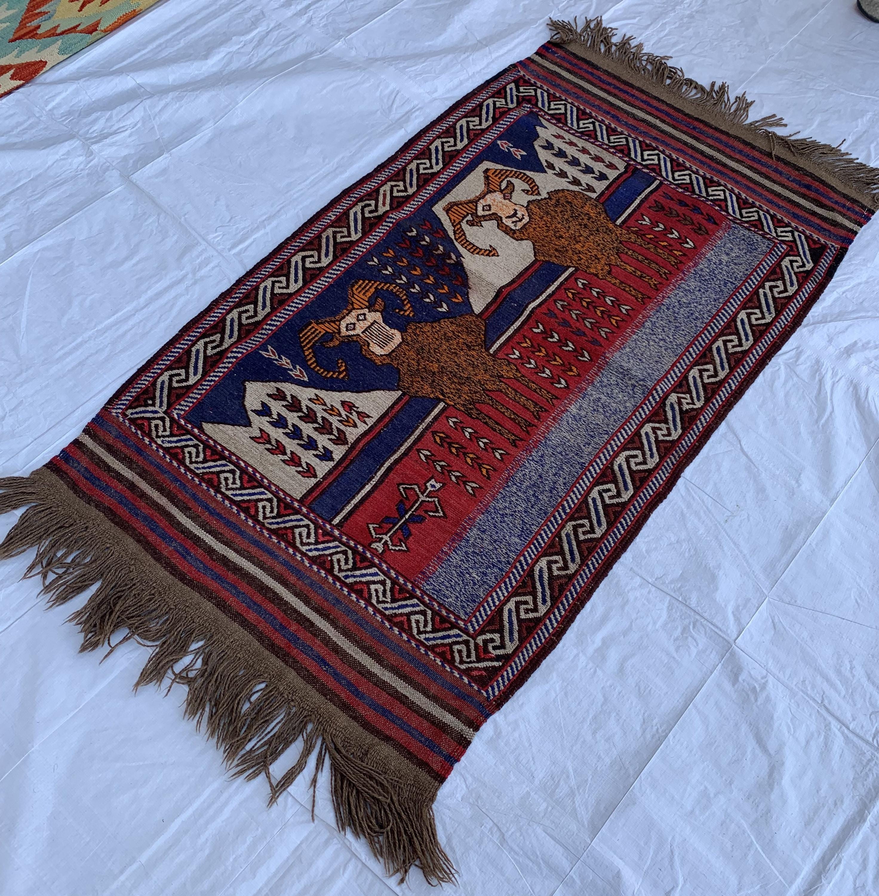 Handwoven Afghan Tribal Rug - 4.10x2.10 ft - Unique Wool Art Piece with Mountain Goat Design, Ideal for Wall Hanging or Small Area Decor