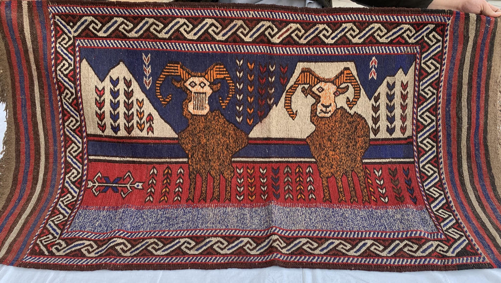 Handwoven Afghan Tribal Rug - 4.10x2.10 ft - Unique Wool Art Piece with Mountain Goat Design, Ideal for Wall Hanging or Small Area Decor
