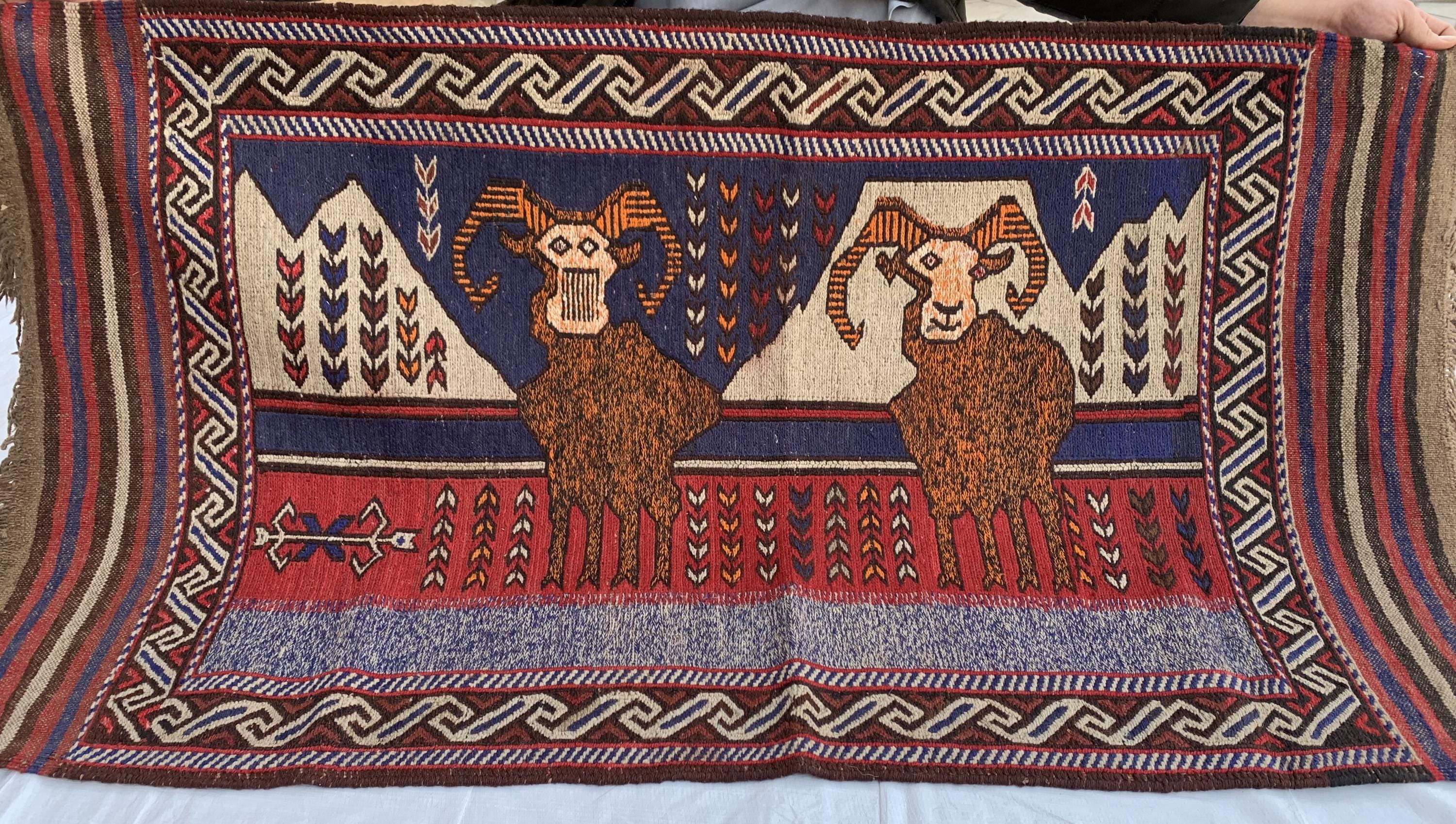 Handwoven Afghan Tribal Rug - 4.10x2.10 ft - Unique Wool Art Piece with Mountain Goat Design, Ideal for Wall Hanging or Small Area Decor