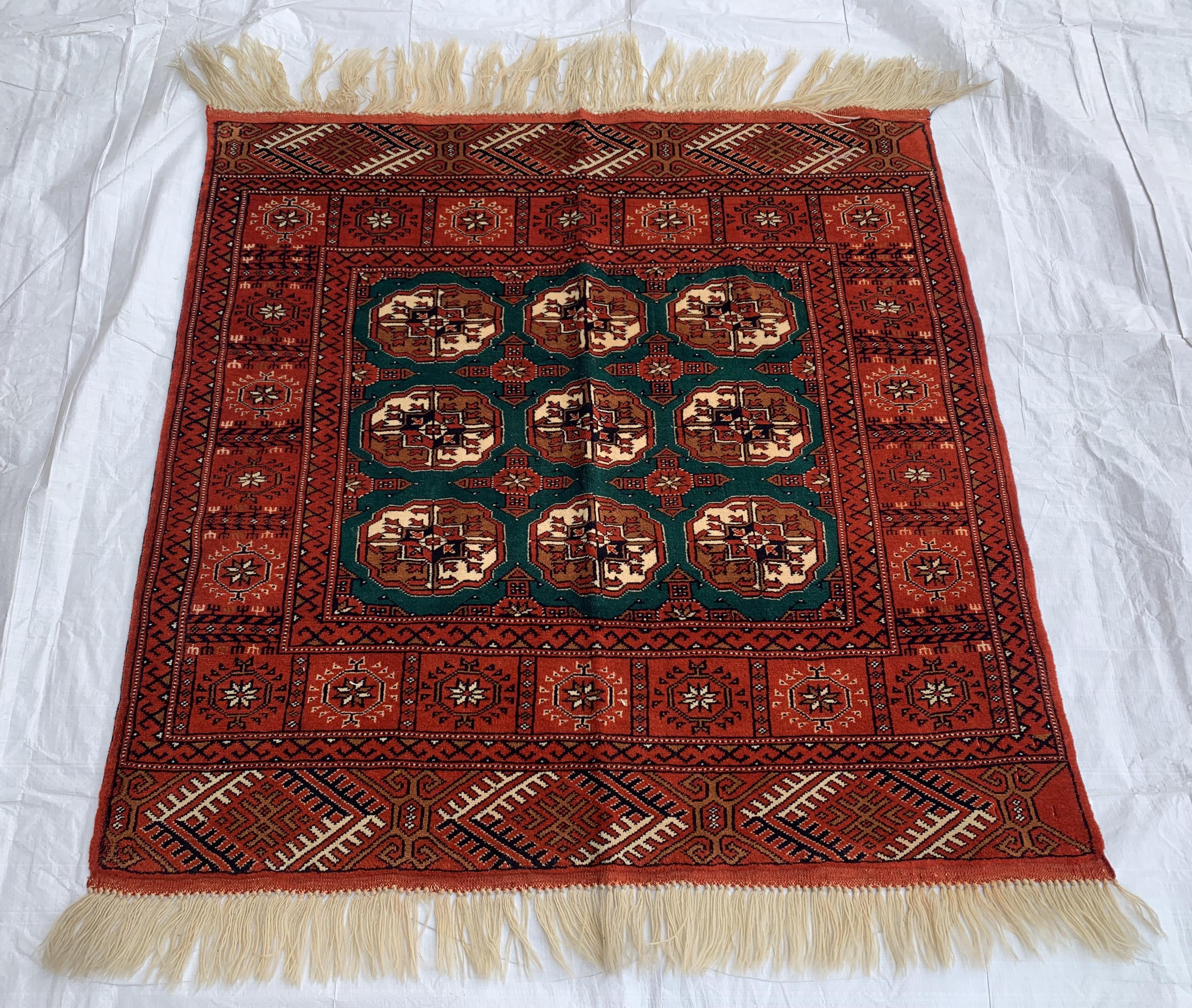 3x3 Square Antique Ahal Gul Rug – Rare Turkmen Tribal Hand-Knotted Carpet | Authentic Vintage Wool Rug | Bohemian Home Décor 3.4x3.4 ft