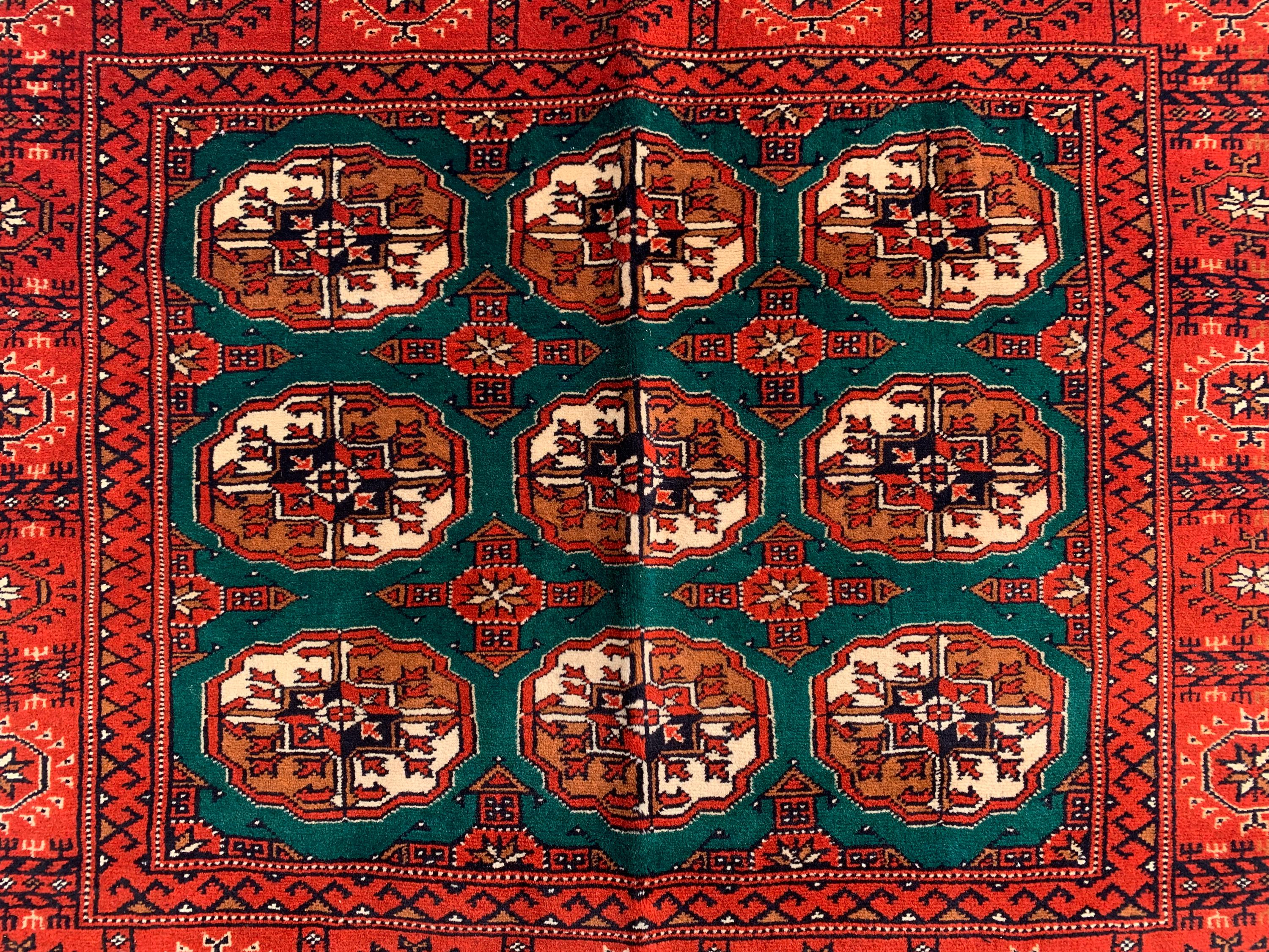 3x3 Square Antique Ahal Gul Rug – Rare Turkmen Tribal Hand-Knotted Carpet | Authentic Vintage Wool Rug | Bohemian Home Décor 3.4x3.4 ft