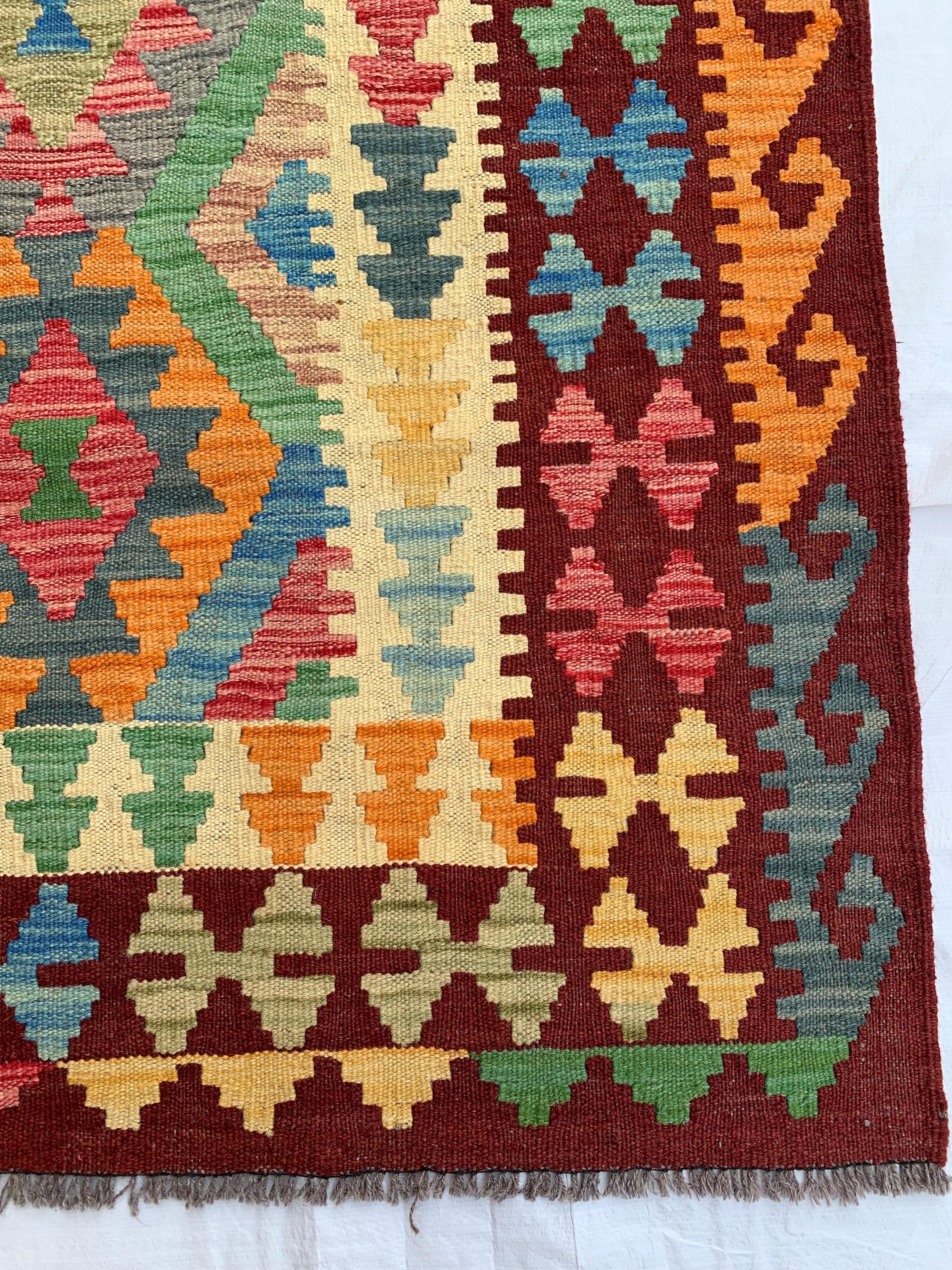 10x7 Handwoven Afghan Rich Red and Multicolor Kilim Rug - Geometric Wool Flatweave Carpet, Perfect for Living Room or Bedroom Decor 9.6x6.5